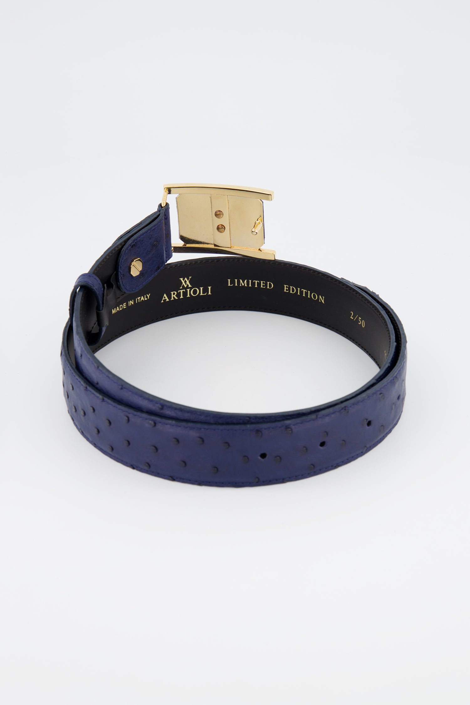 Artioli Blue/Gold Ostrich Belt