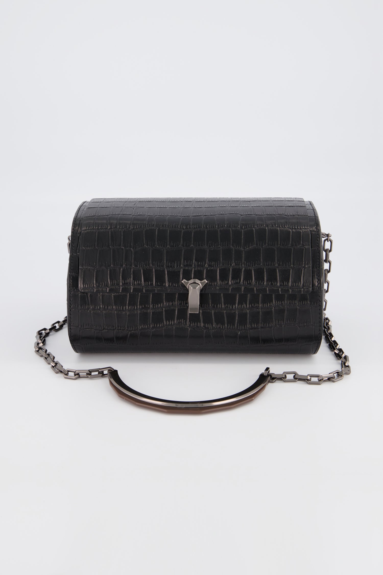 The Volon Black Crocodile Print PO Trunk Bag