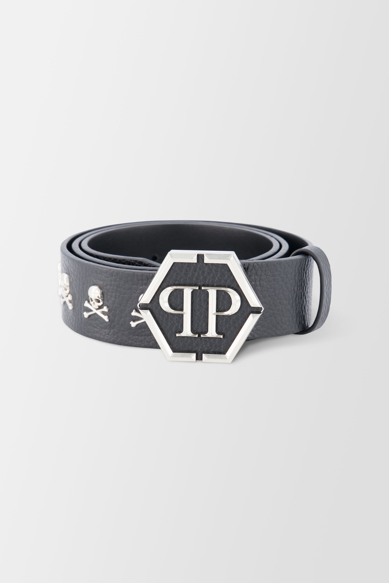 Philipp Plein Black/Silver Leather Skull Studs Belt