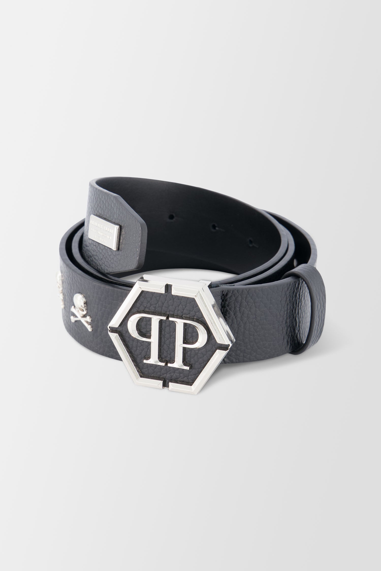 Philipp Plein Black/Silver Leather Skull Studs Belt