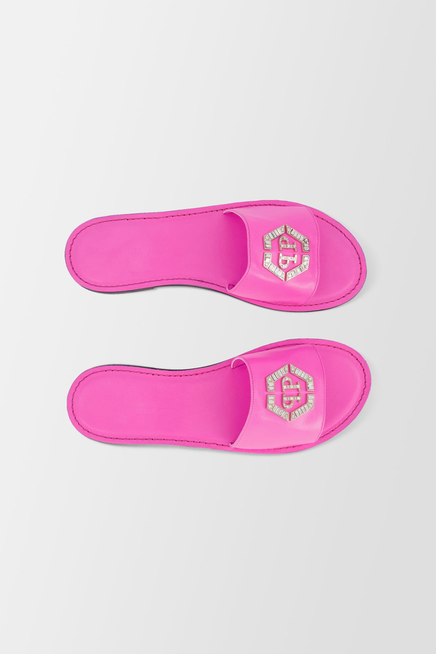 Philipp Plein Pink Leather Hexagon Logo Flat Slides