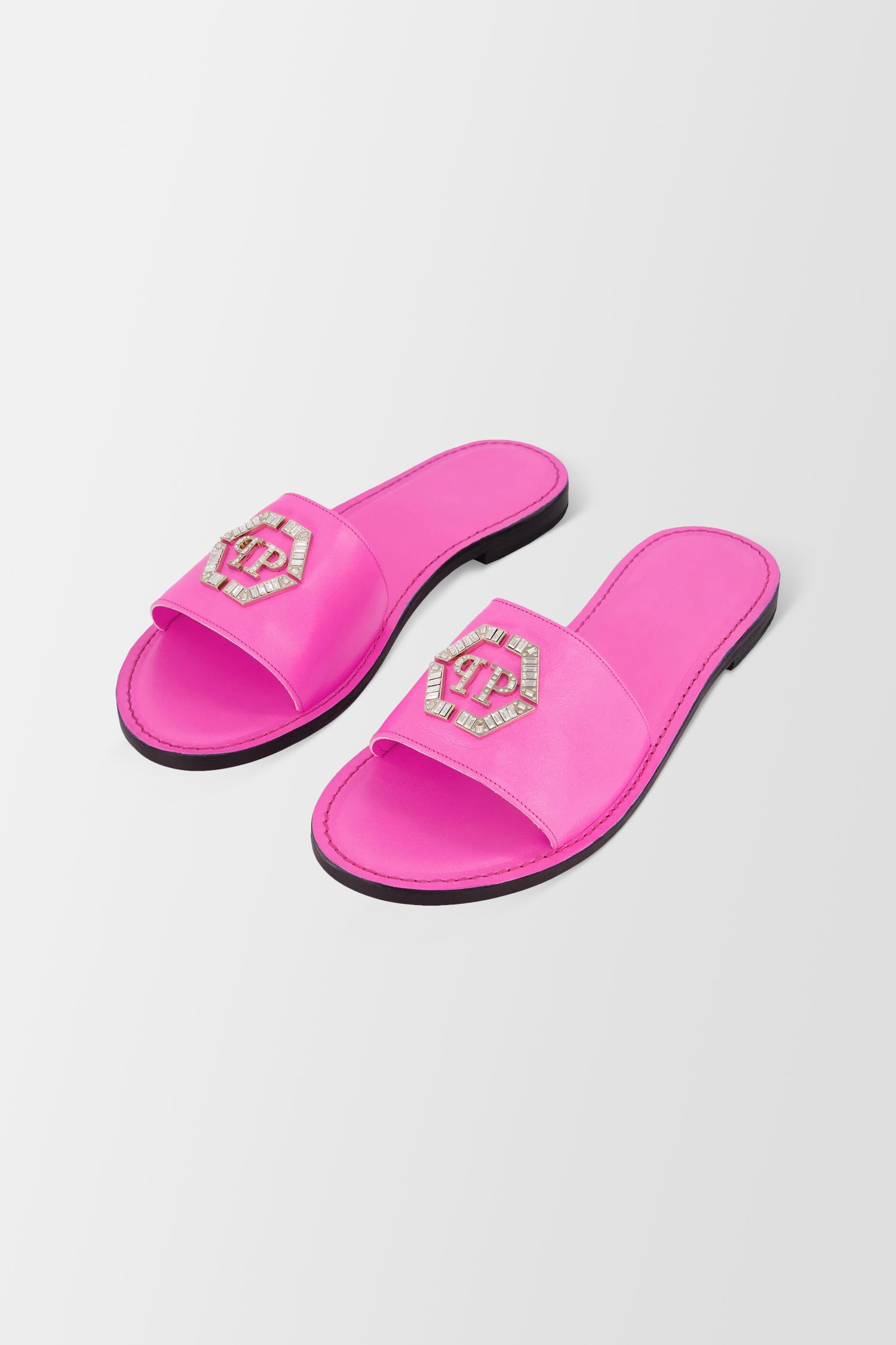 Philipp Plein Pink Leather Hexagon Logo Flat Slides