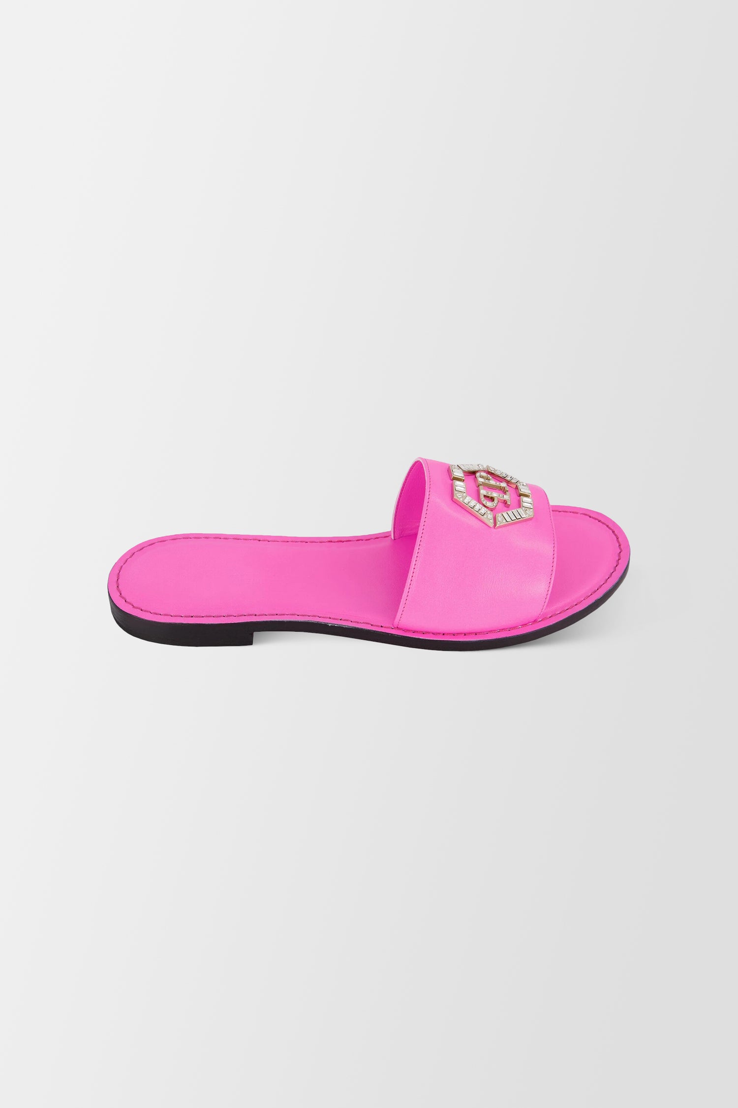 Philipp Plein Pink Leather Hexagon Logo Flat Slides