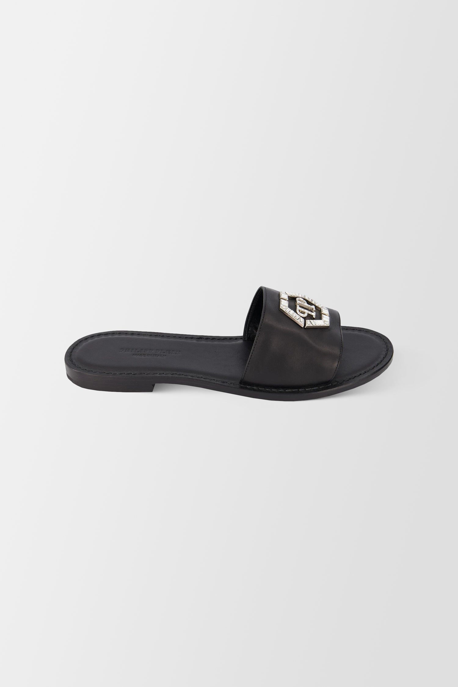 Philipp Plein Black Leather Hexagon Logo Flat Slides