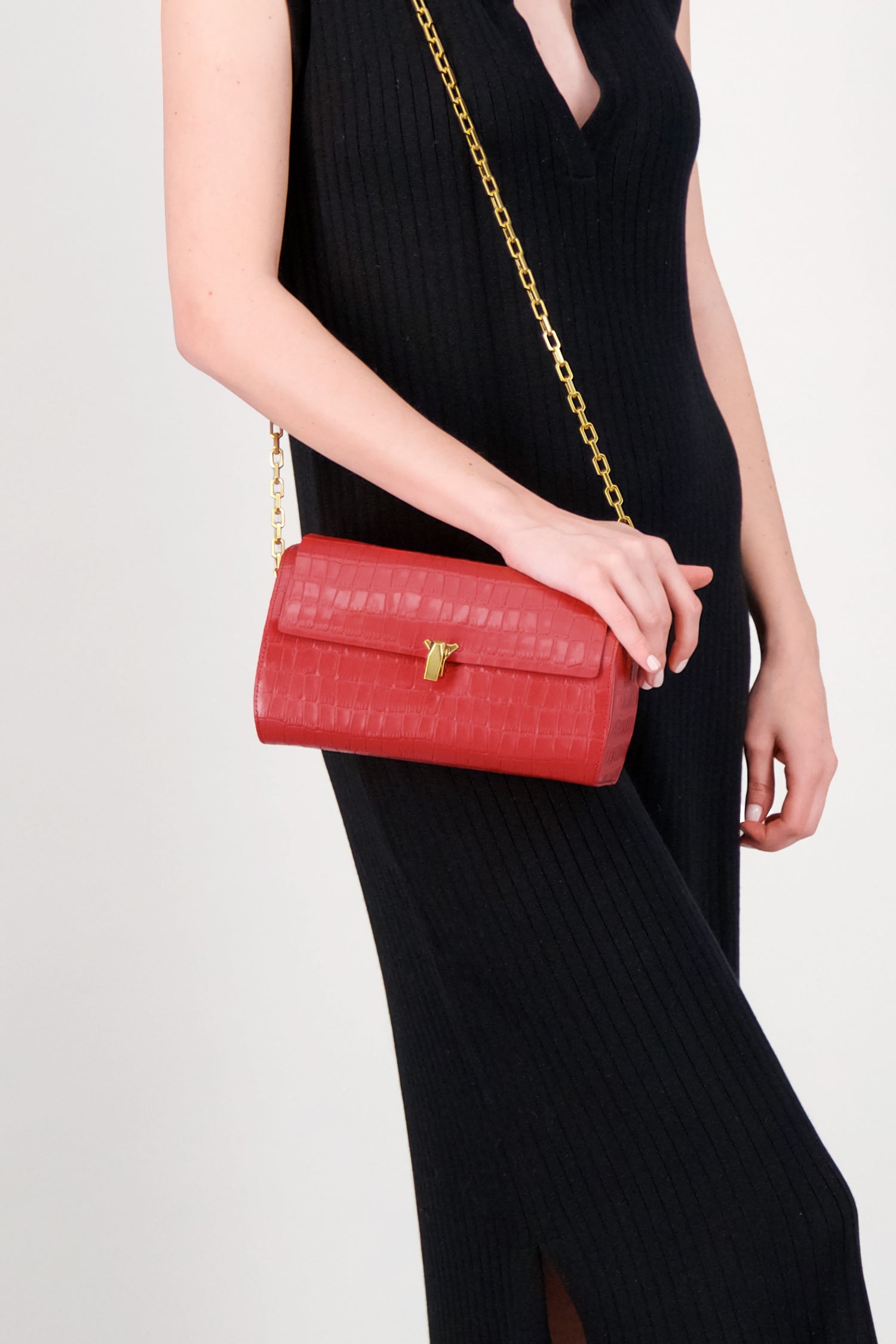 The Volon Red Crocodile Print PO Trunk Bag