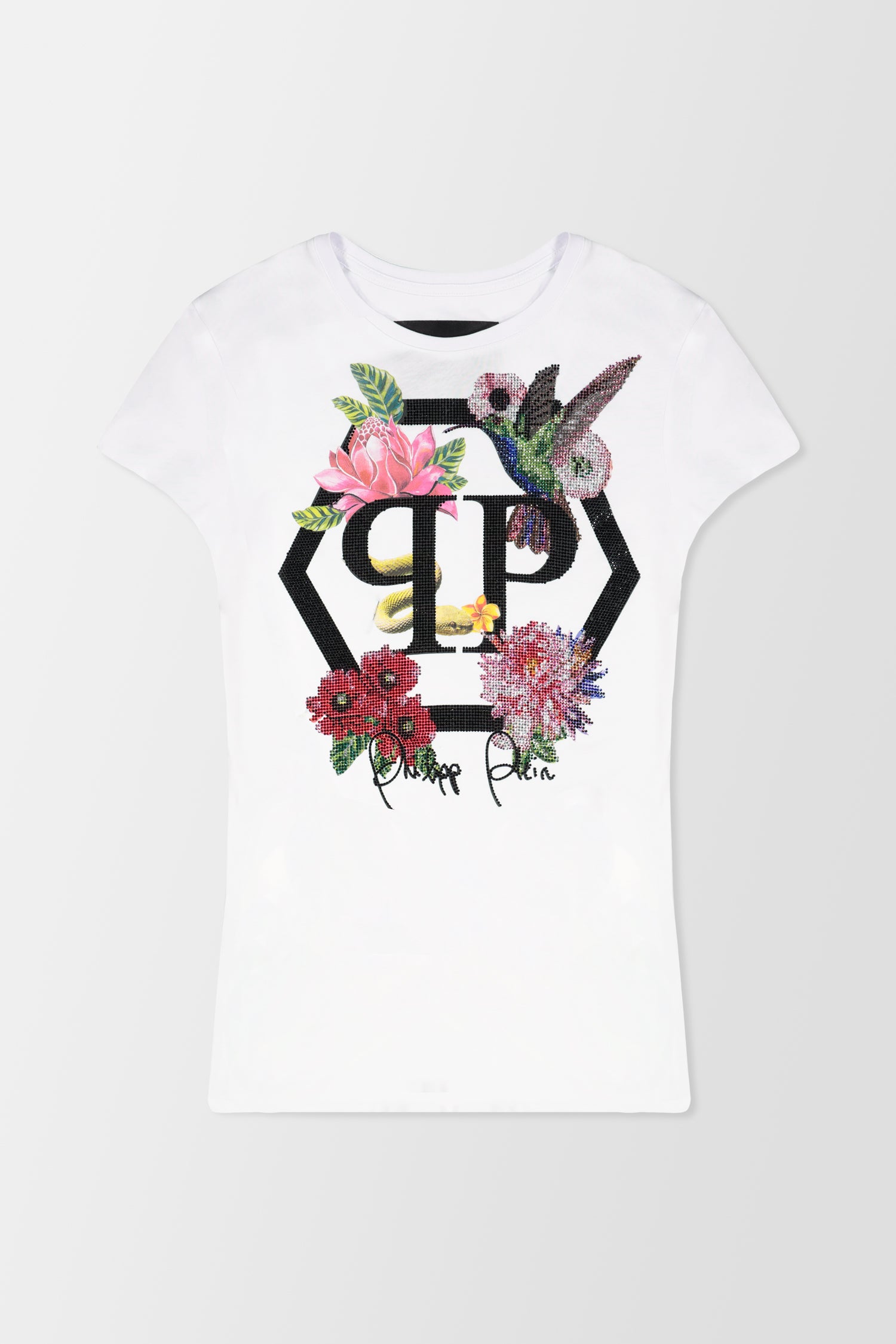 Philipp Plein White Round Neck SS Flowers T-Shirt