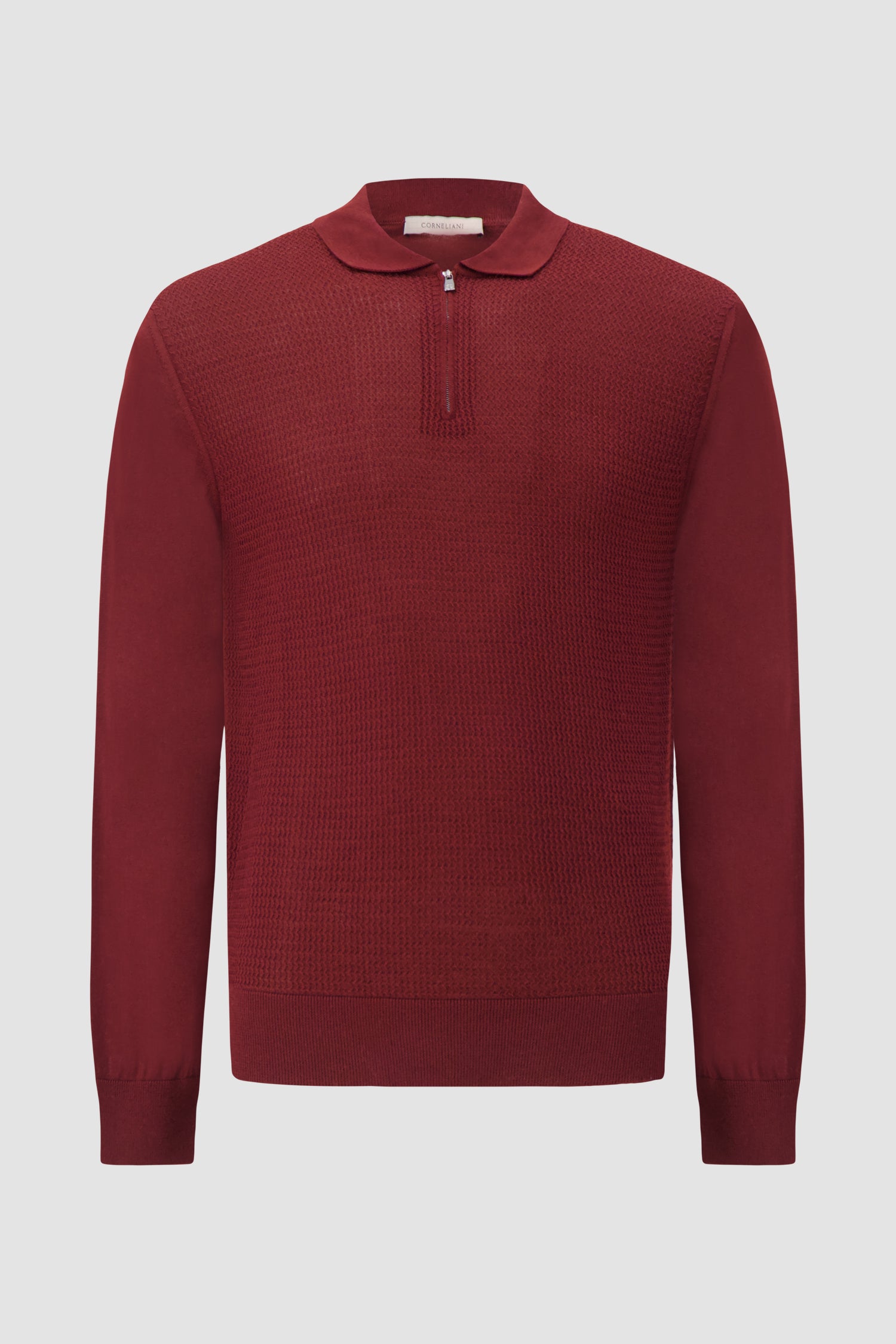 Polo zippé en cachemire vert armée Pashmere avec détail en maille ajourée