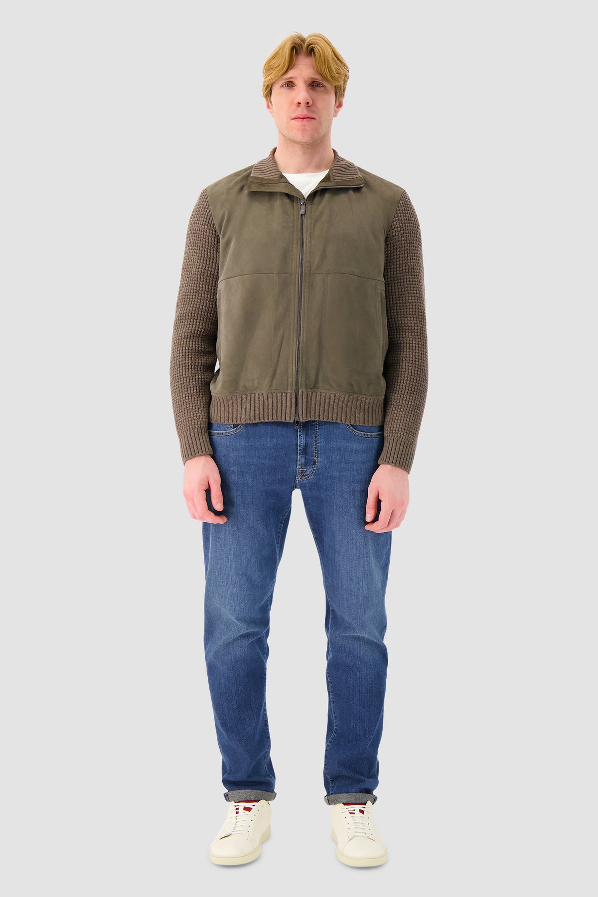 Corneliani Taupe Suede and Knit Zip Jacket