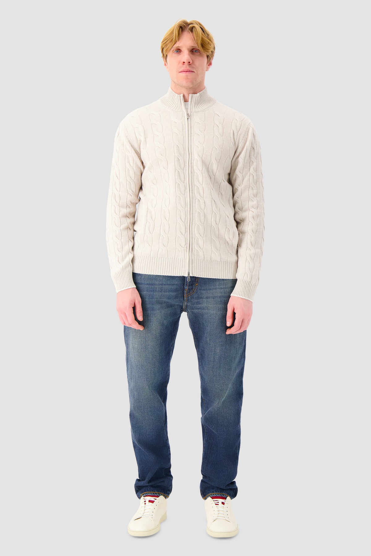 Mandelli Ivory Cashmere Cable Knit Zip Sweater
