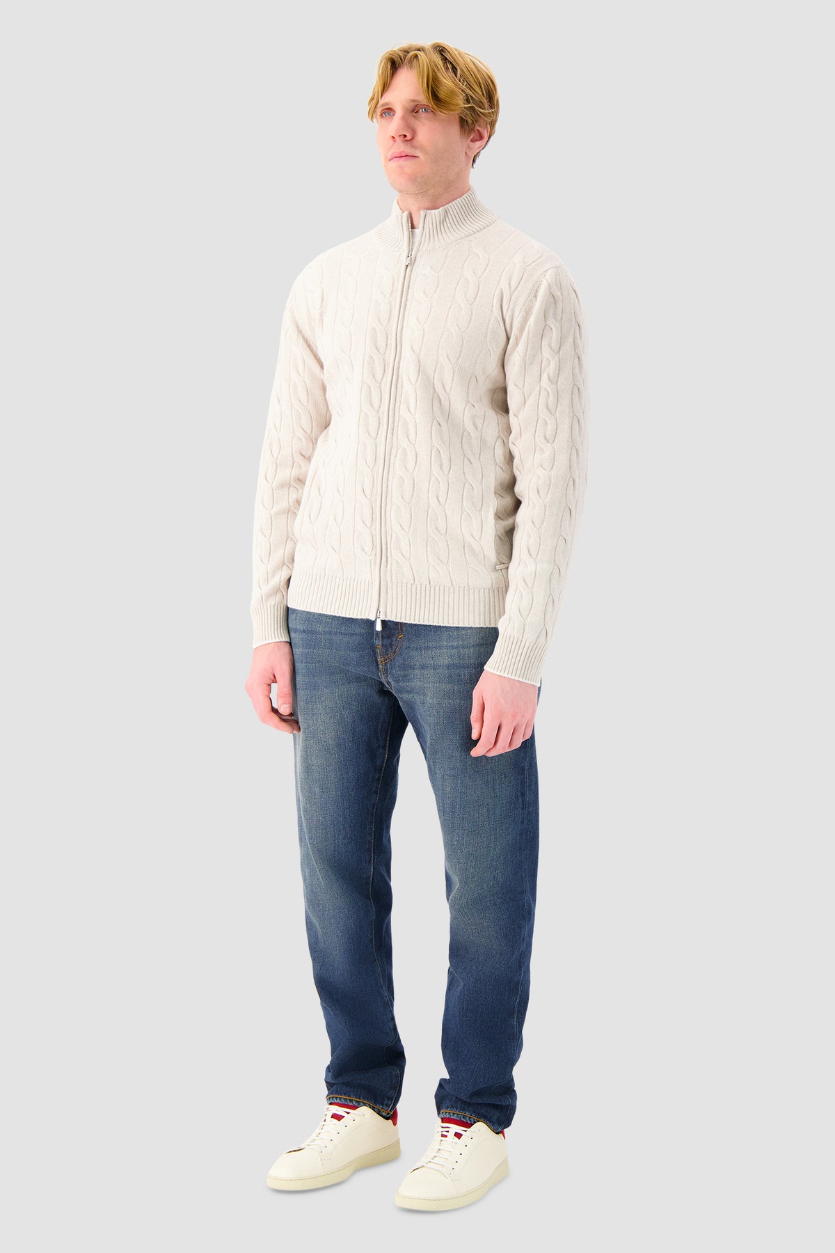 Mandelli Ivory Cashmere Cable Knit Zip Sweater