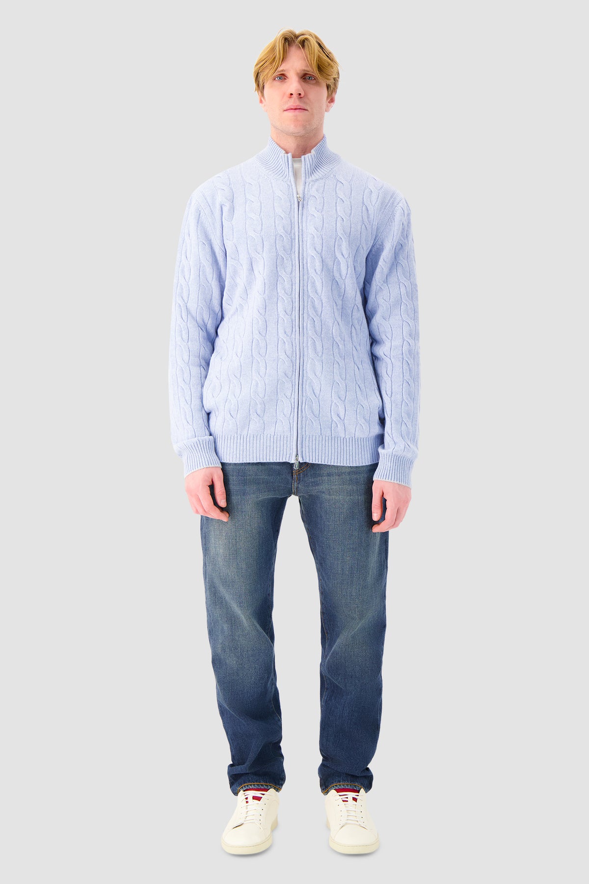 Mandelli Light Blue Cashmere Cable Knit Zip Sweater
