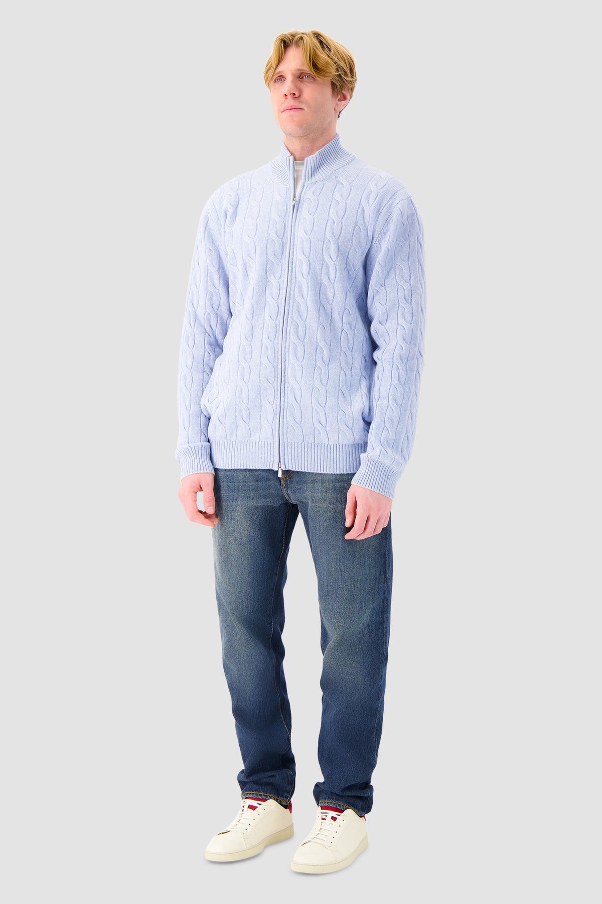 Mandelli Light Blue Cashmere Cable Knit Zip Sweater