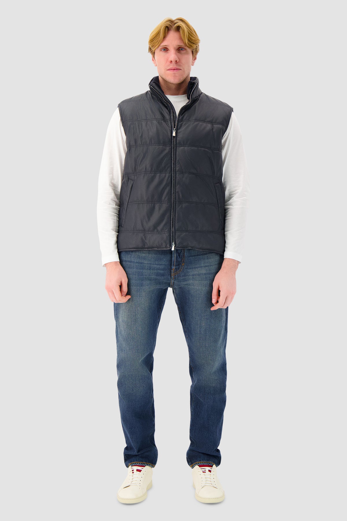 Mandelli Navy Deer Leather Quilted Vest
