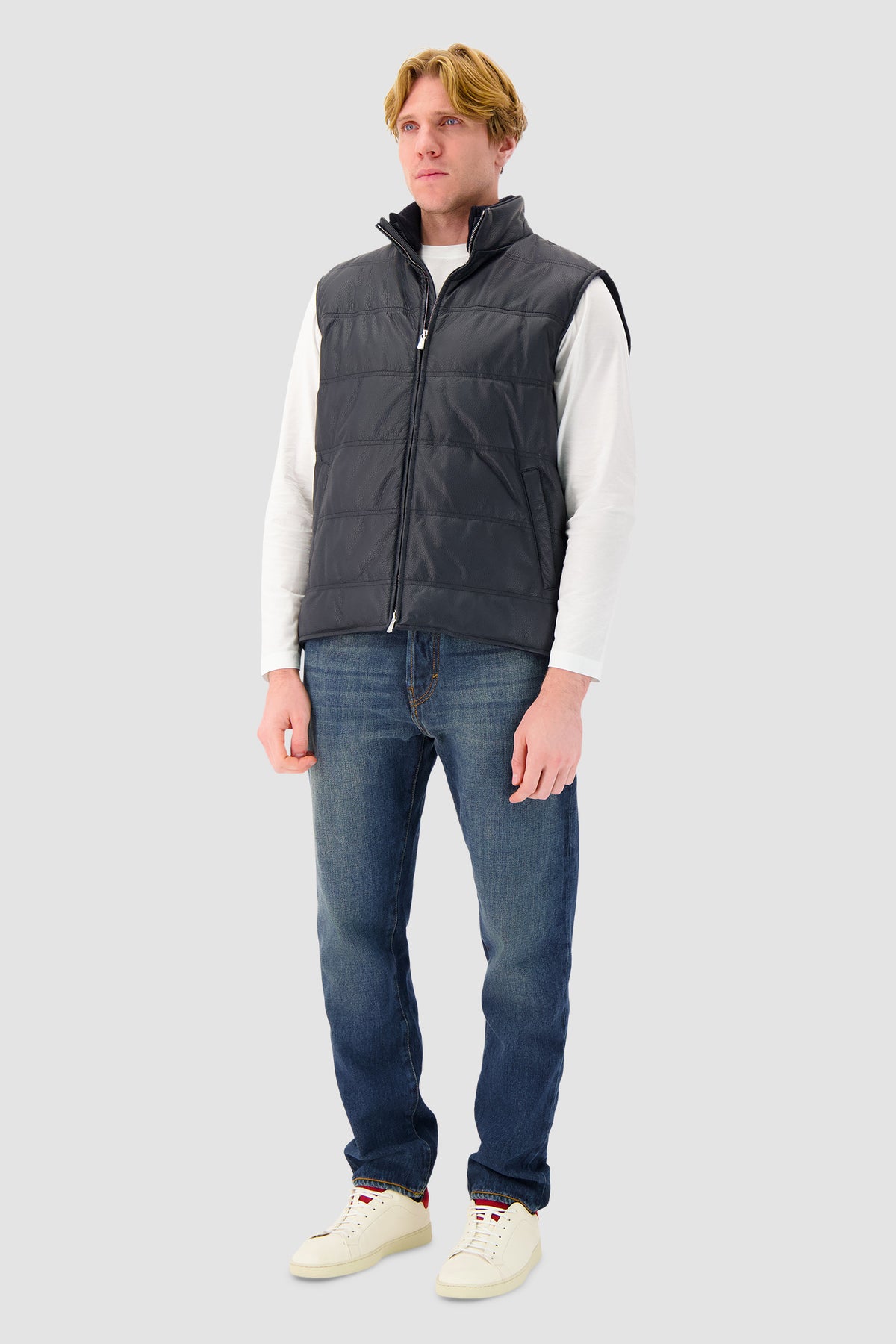 Mandelli Navy Deer Leather Quilted Vest