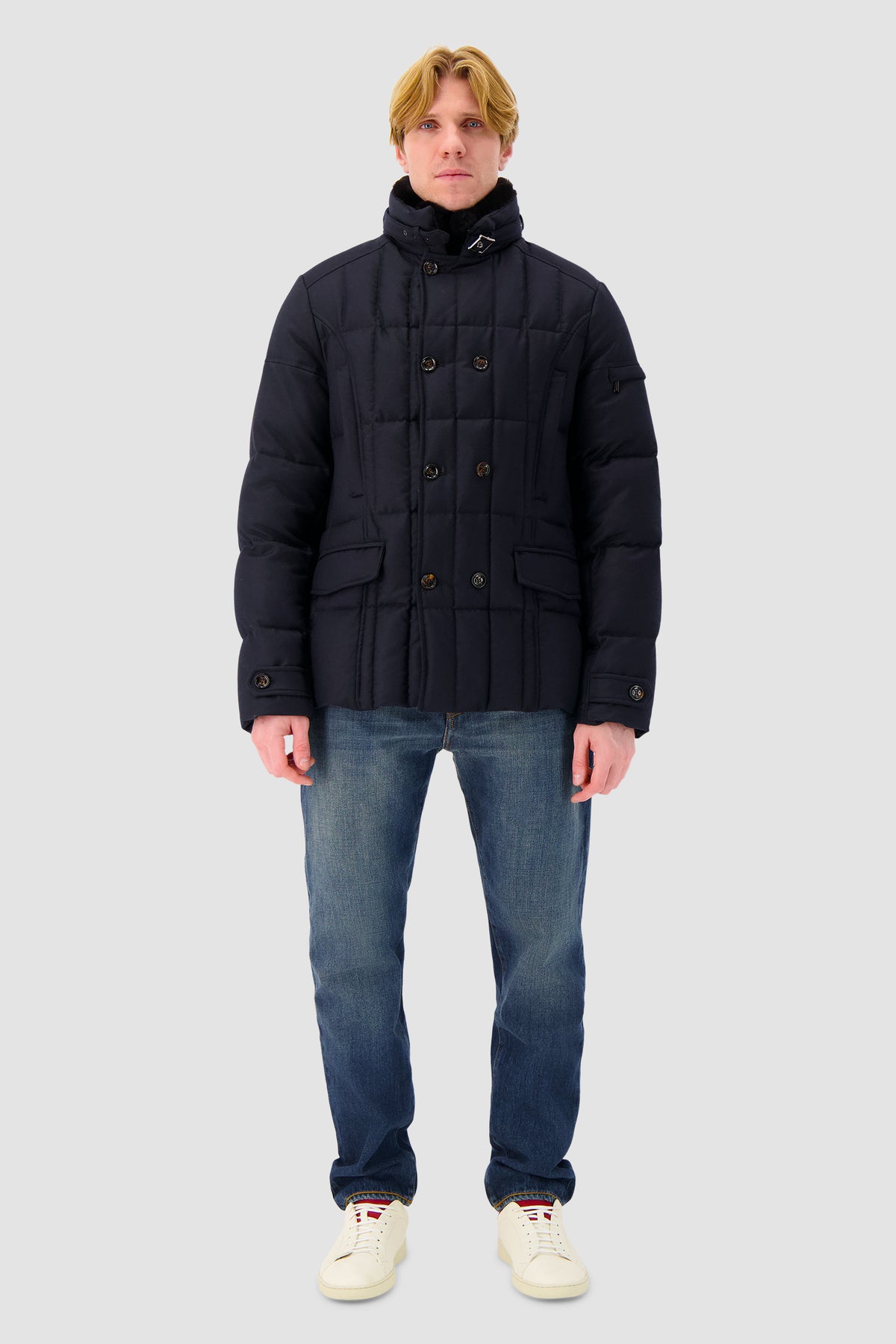 Moorer Navy Siro Fur Collar Quilted Jaket