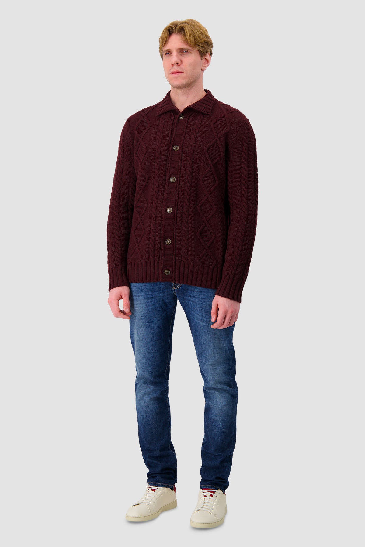 Barba Napoli Burgundy Wool/Cashmere Cable Knit Button Cardigan