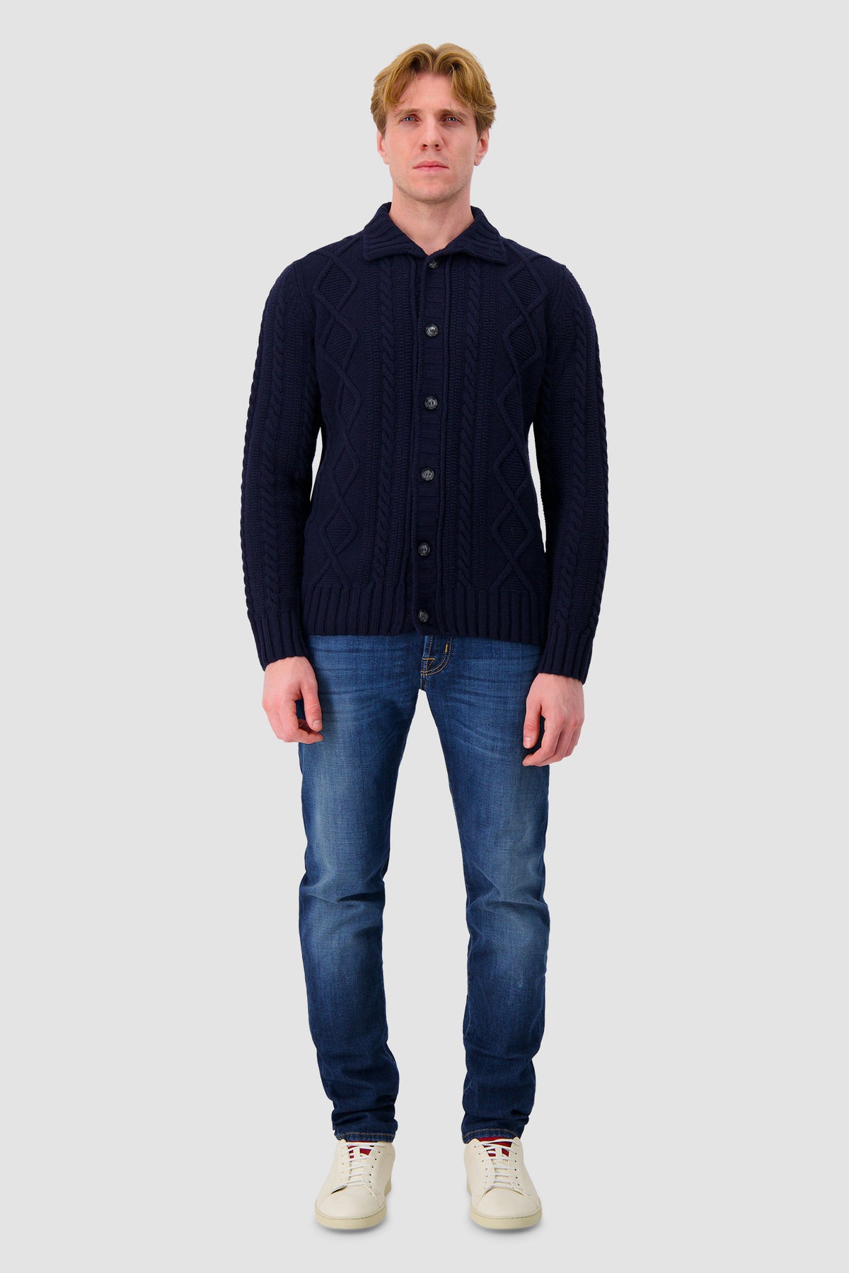 Barba Napoli Navy Wool/Cashmere Cable Knit Button Cardigan