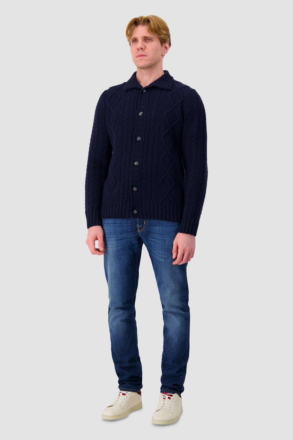 Barba Napoli Navy Wool/Cashmere Cable Knit Button Cardigan