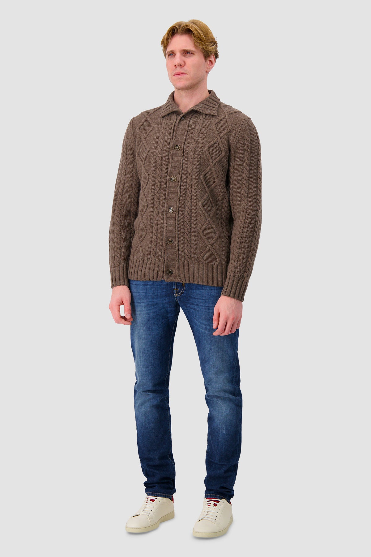 Barba Napoli Brown Wool/Cashmere Cable Knit Button Cardigan