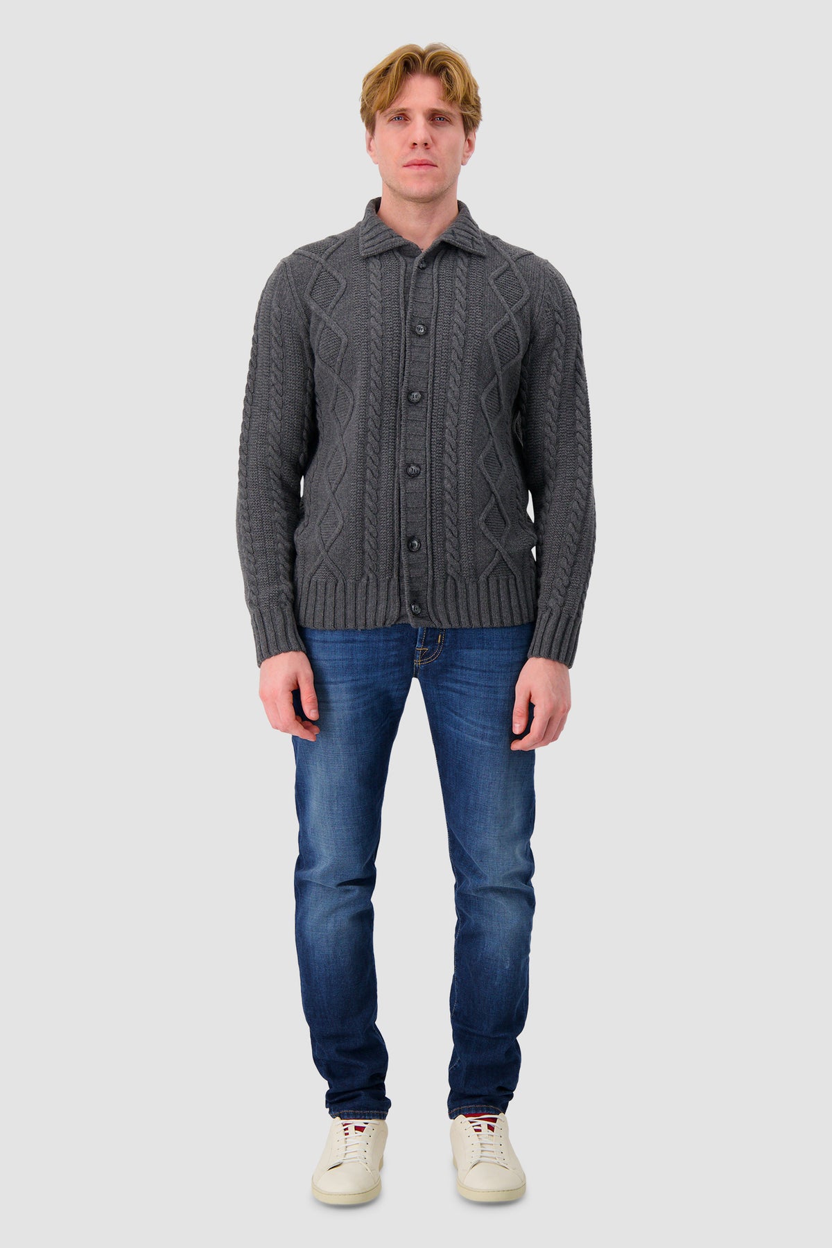 Barba Napoli Grey Wool/Cashmere Cable Knit Button Cardigan