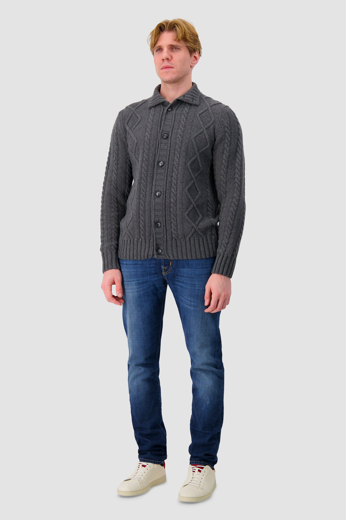 Barba Napoli Grey Wool/Cashmere Cable Knit Button Cardigan