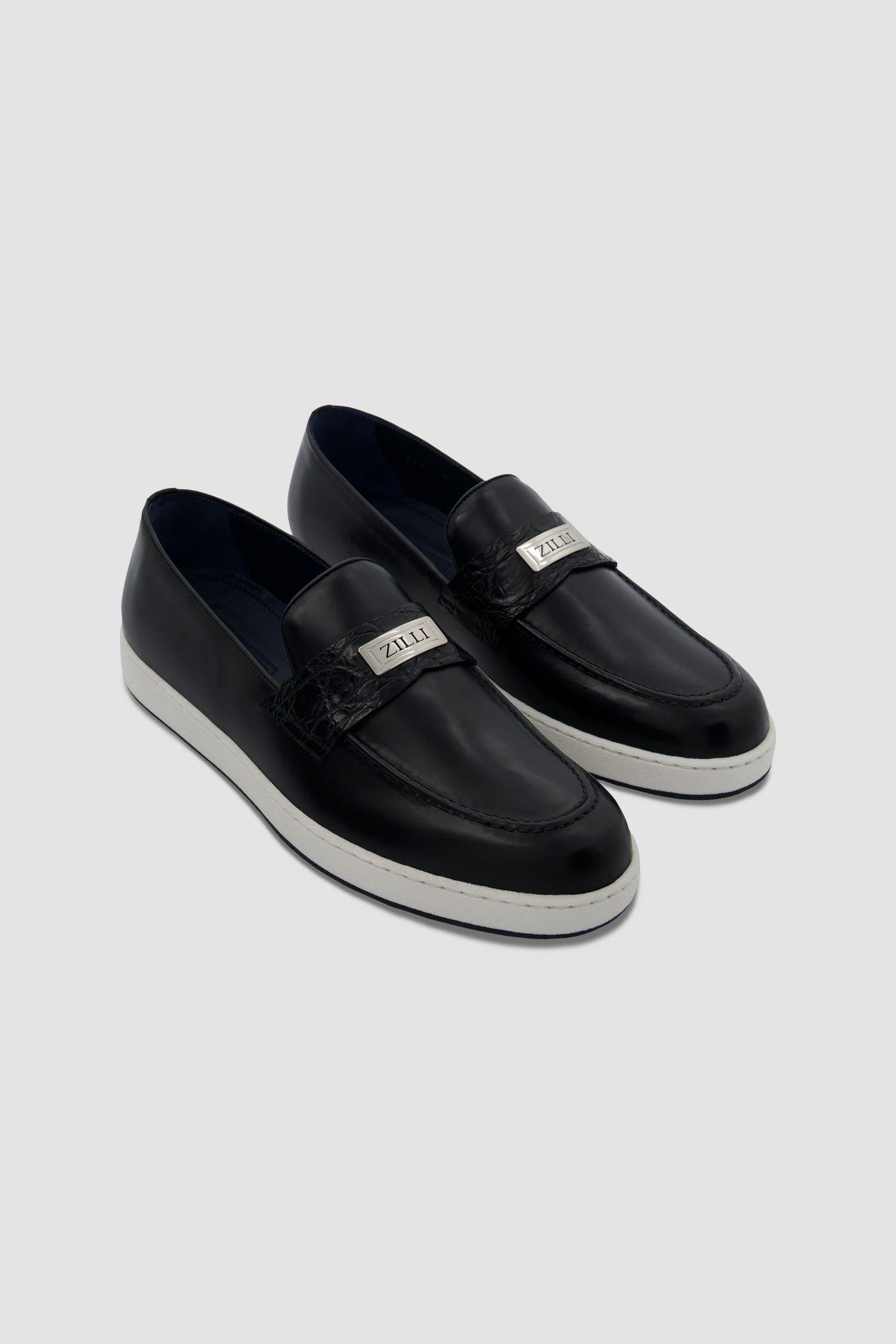 Zilli Black Metal Plate Loafers with Caiman accents