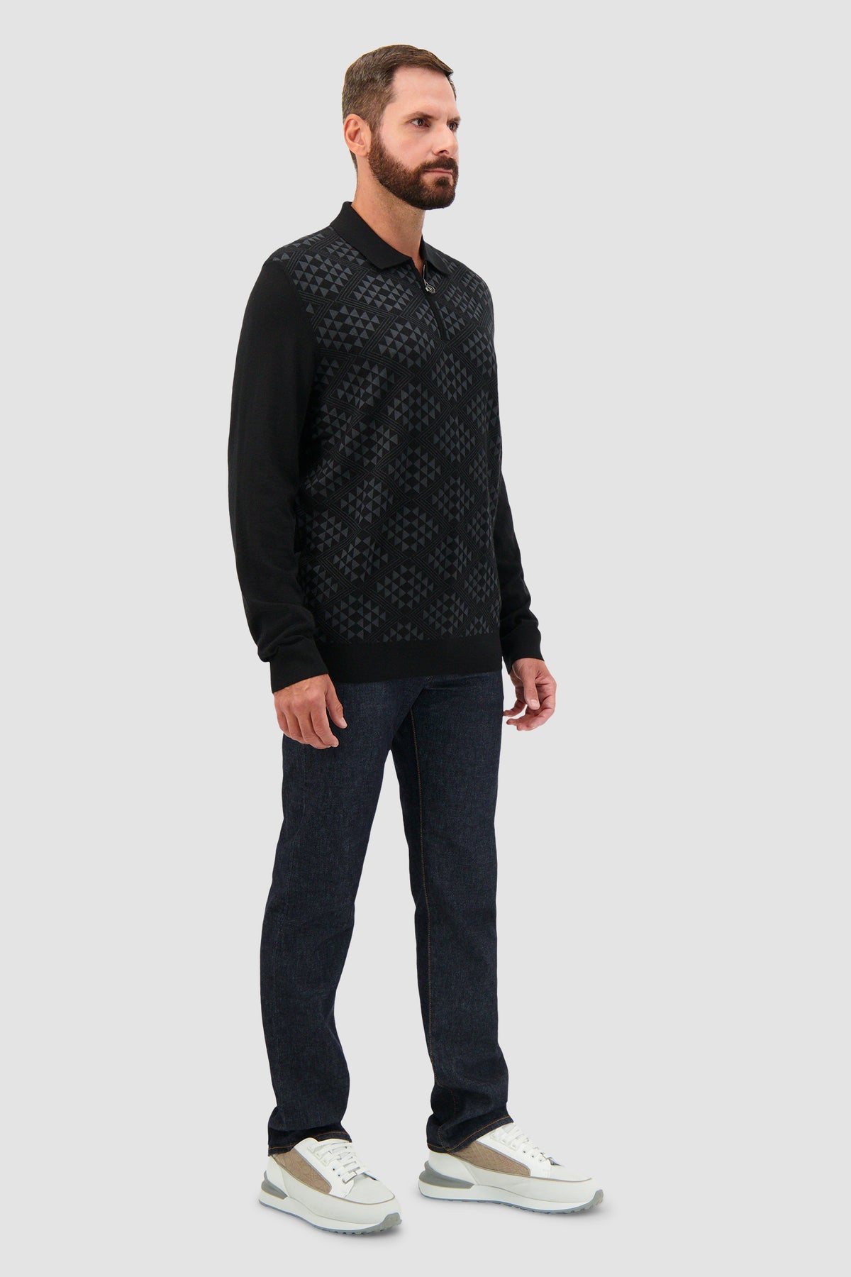 Stefano Ricci Black Cashmere/Silk Jacquard Zip Long Sleeve Polo