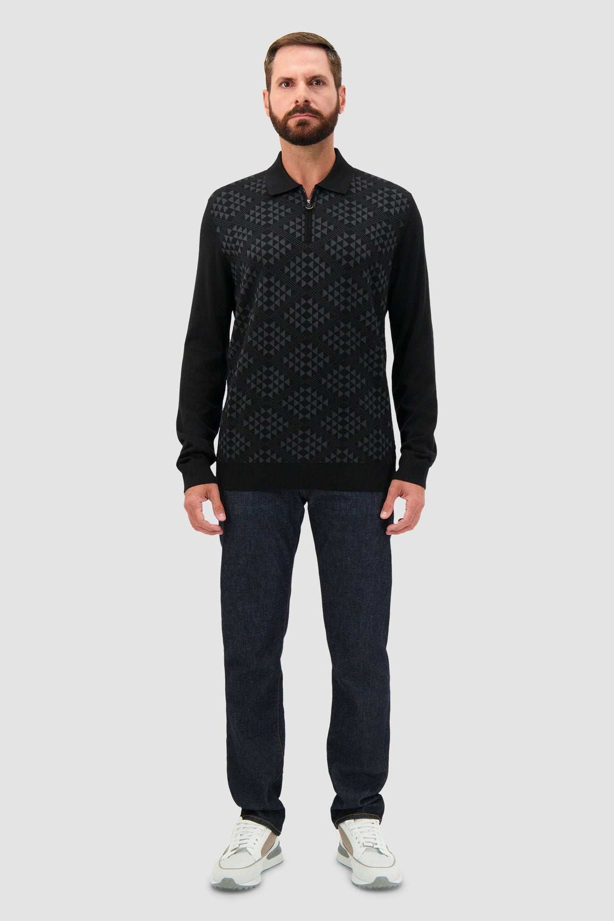 Stefano Ricci Black Cashmere/Silk Jacquard Zip Long Sleeve Polo
