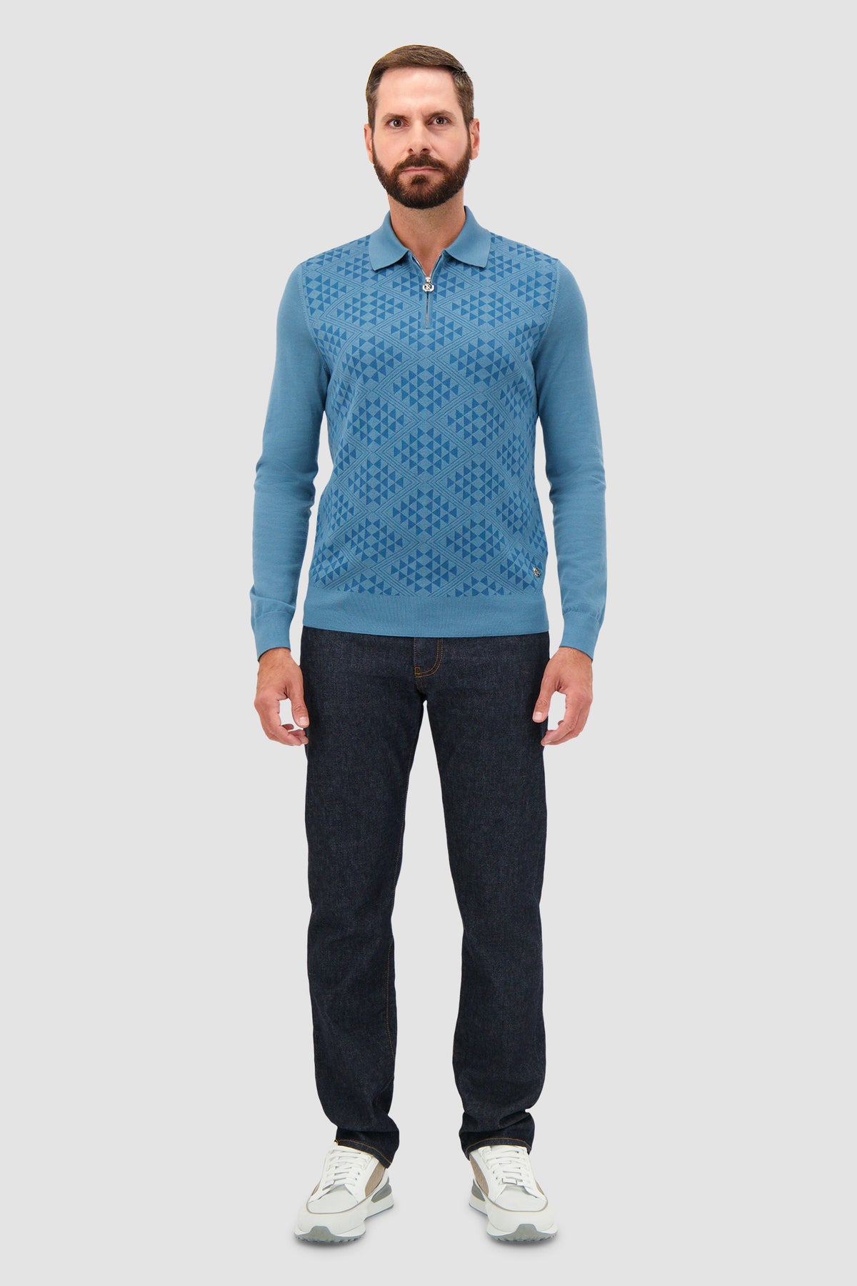 Stefano Ricci Black Cashmere/Silk Jacquard Zip Long Sleeve Polo