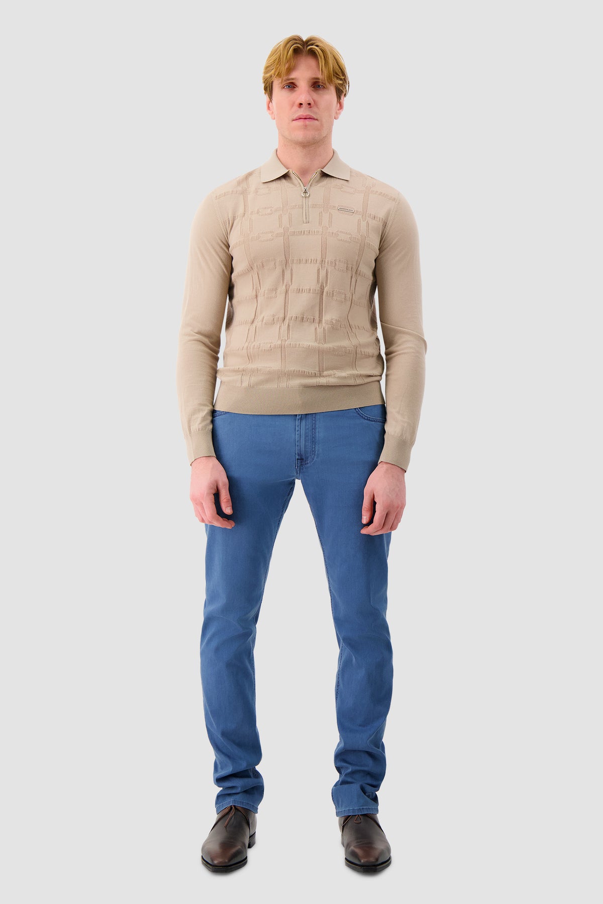 Stefano Ricci Beige  Wool Long Sleeve Textured Polo