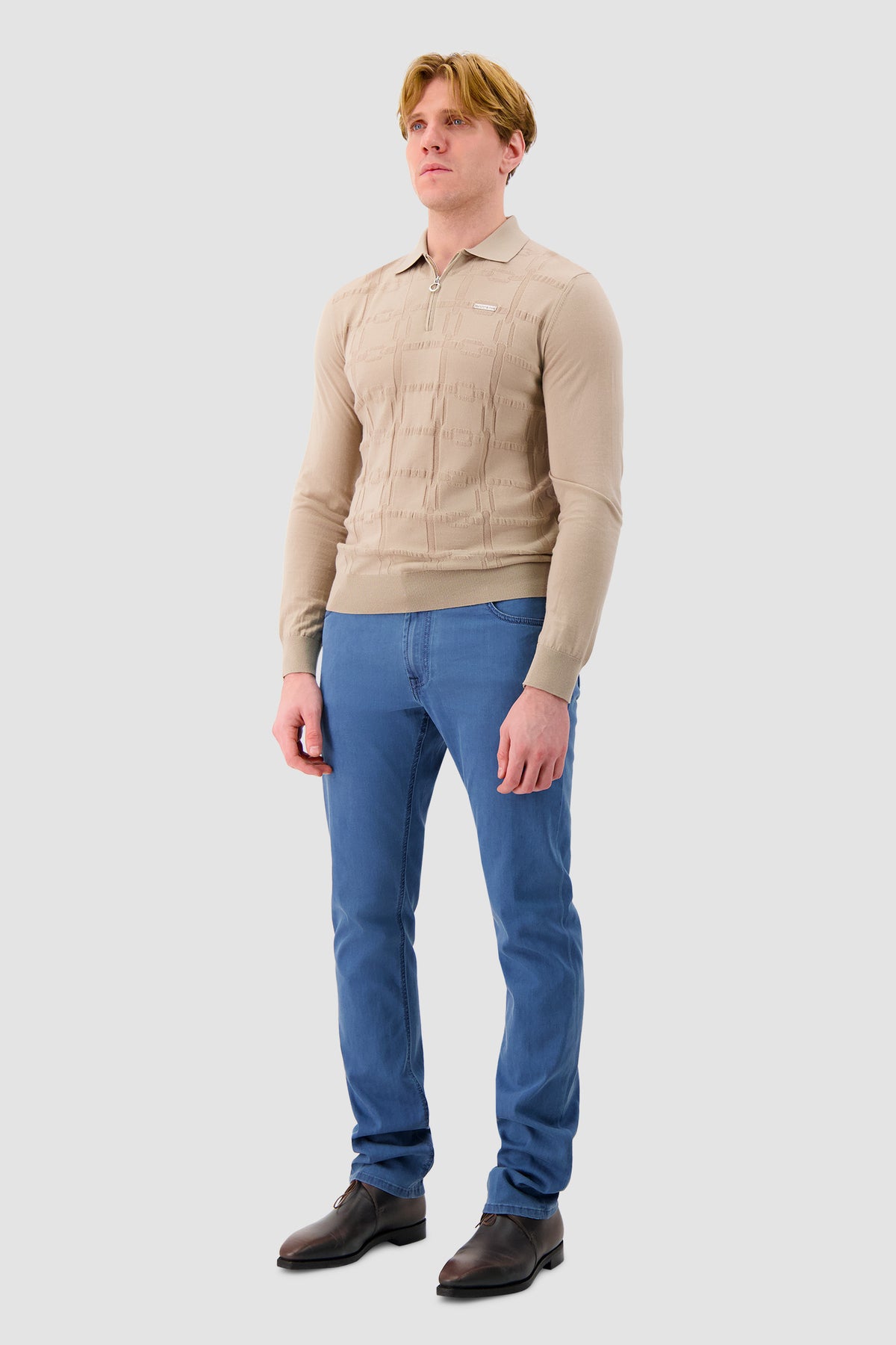 Stefano Ricci Beige  Wool Long Sleeve Textured Polo
