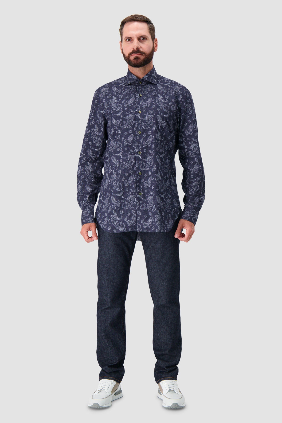 Barba Napoli Navy Paisley Print Cotton Shirt