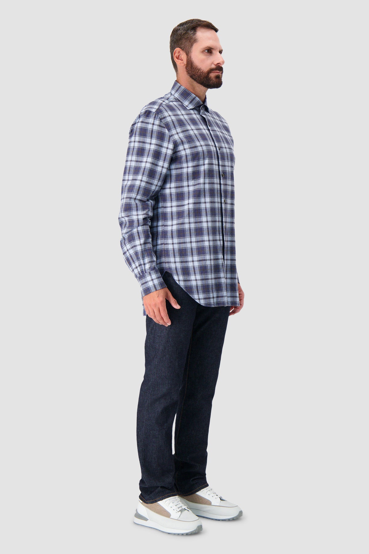 Barba Napoli Blue/Grey Plaid Cotton Shirt