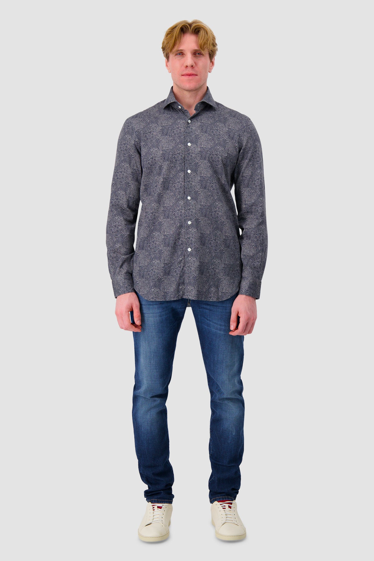 Barba Napoli Navy Cotton Floral Dress Shirt