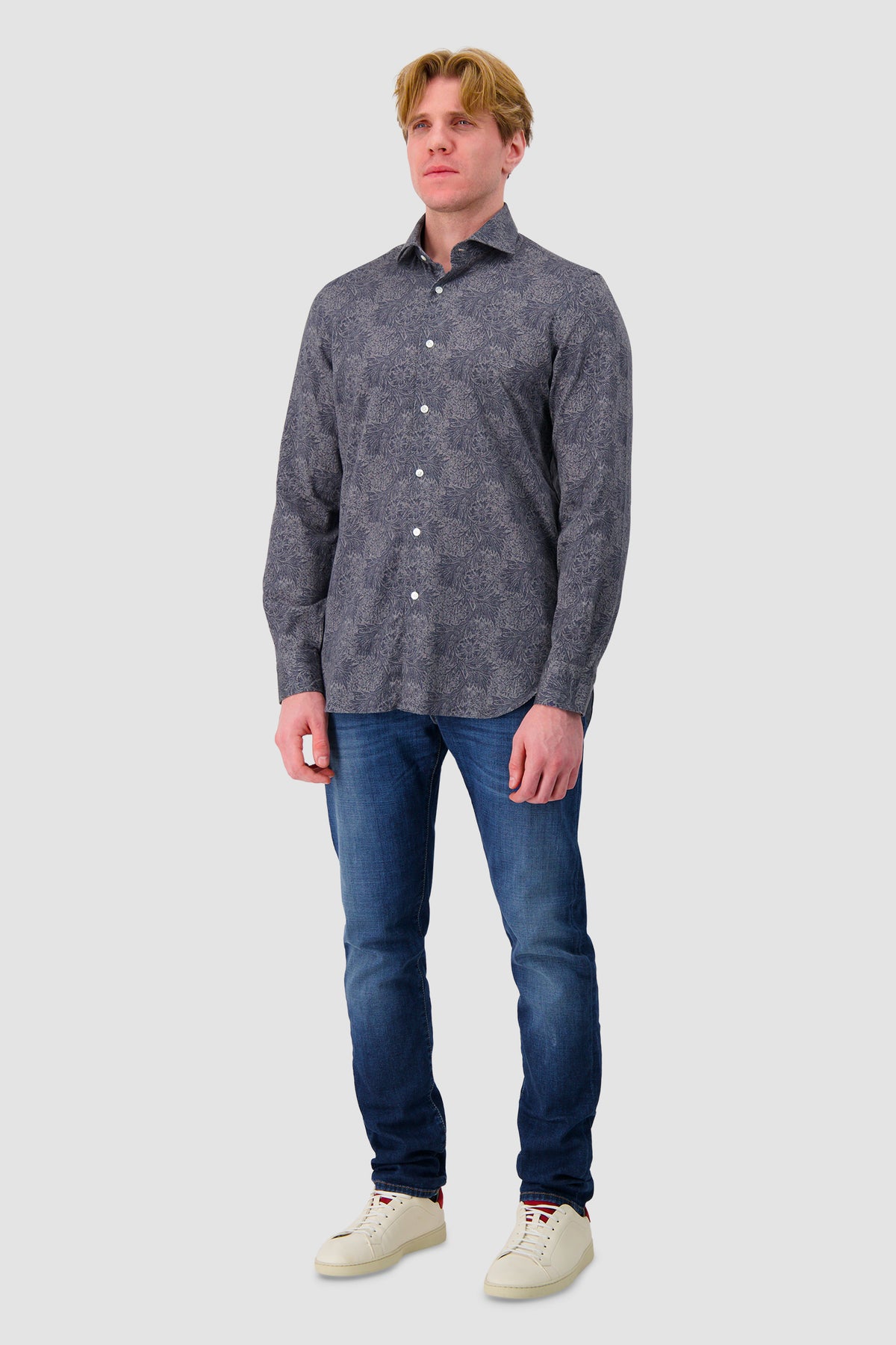 Barba Napoli Navy Cotton Floral Dress Shirt