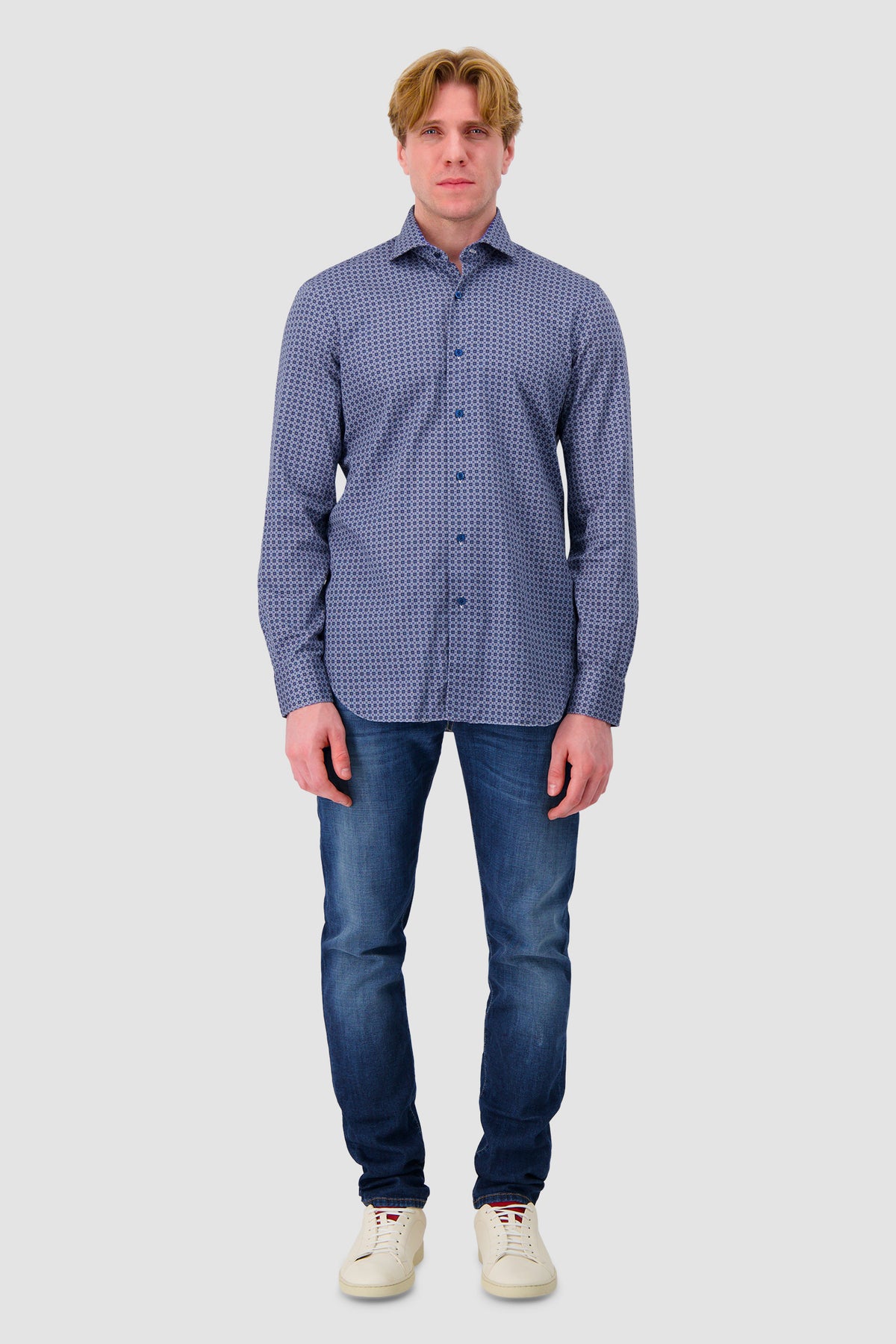 Barba Napoli Blue Cotton Print Shirt