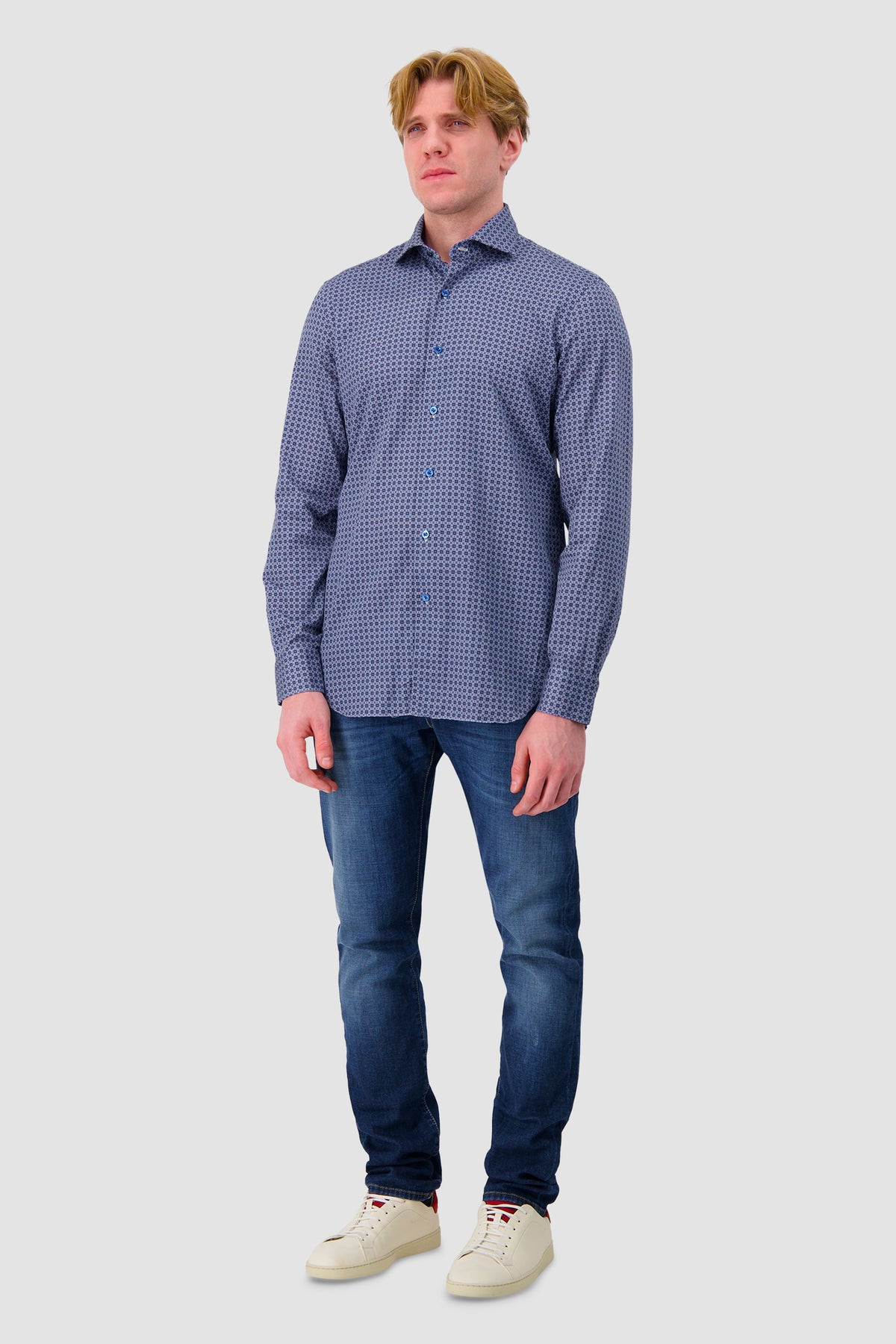 Barba Napoli Blue Cotton Print Shirt