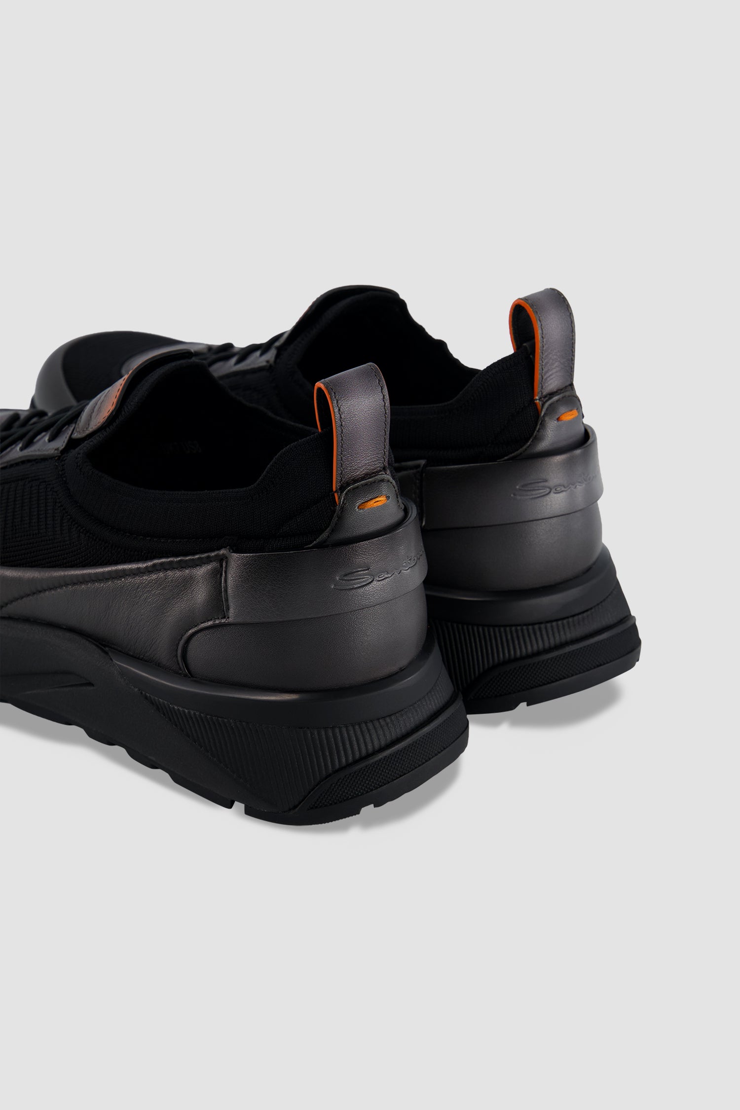 Santoni Black Leather/Knit Slip-on Sneakers