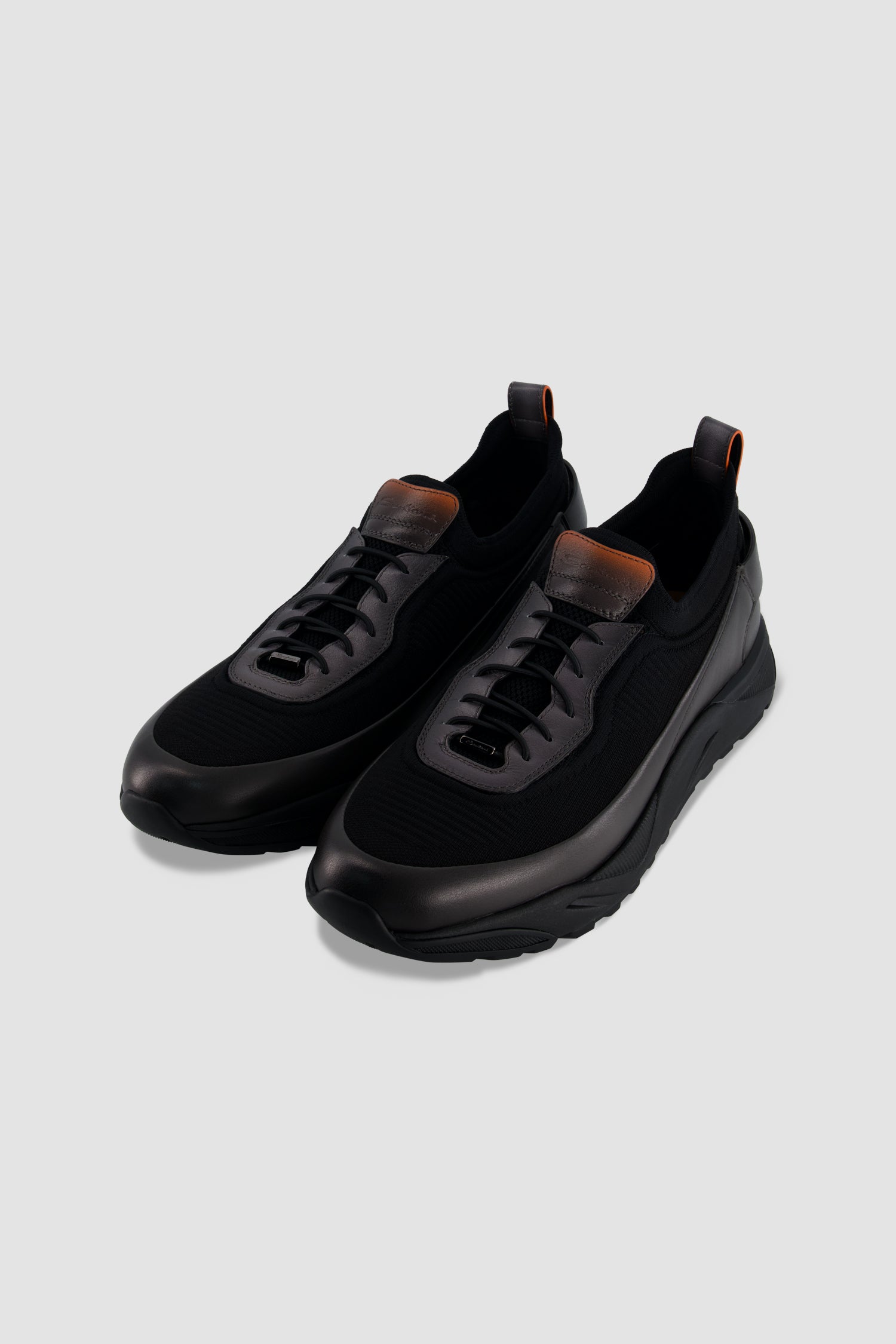 Santoni Black Leather/Knit Slip-on Sneakers