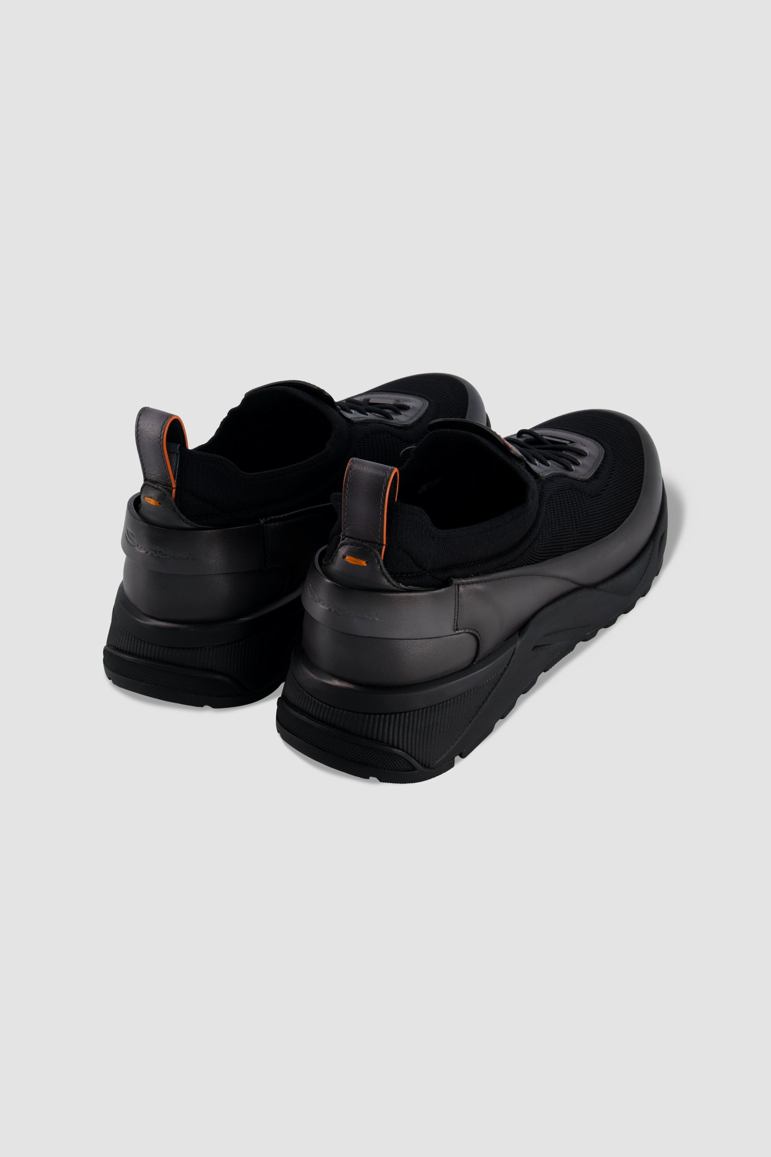 Santoni Black Leather/Knit Slip-on Sneakers