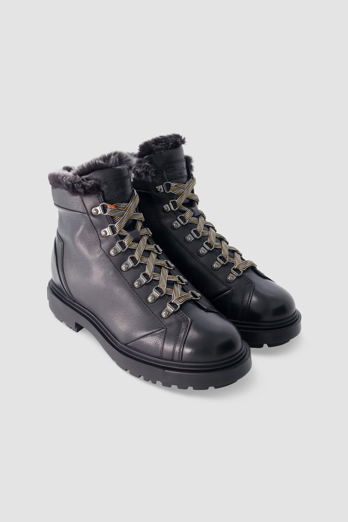 Santoni Black Lace-Up Shearling Boots