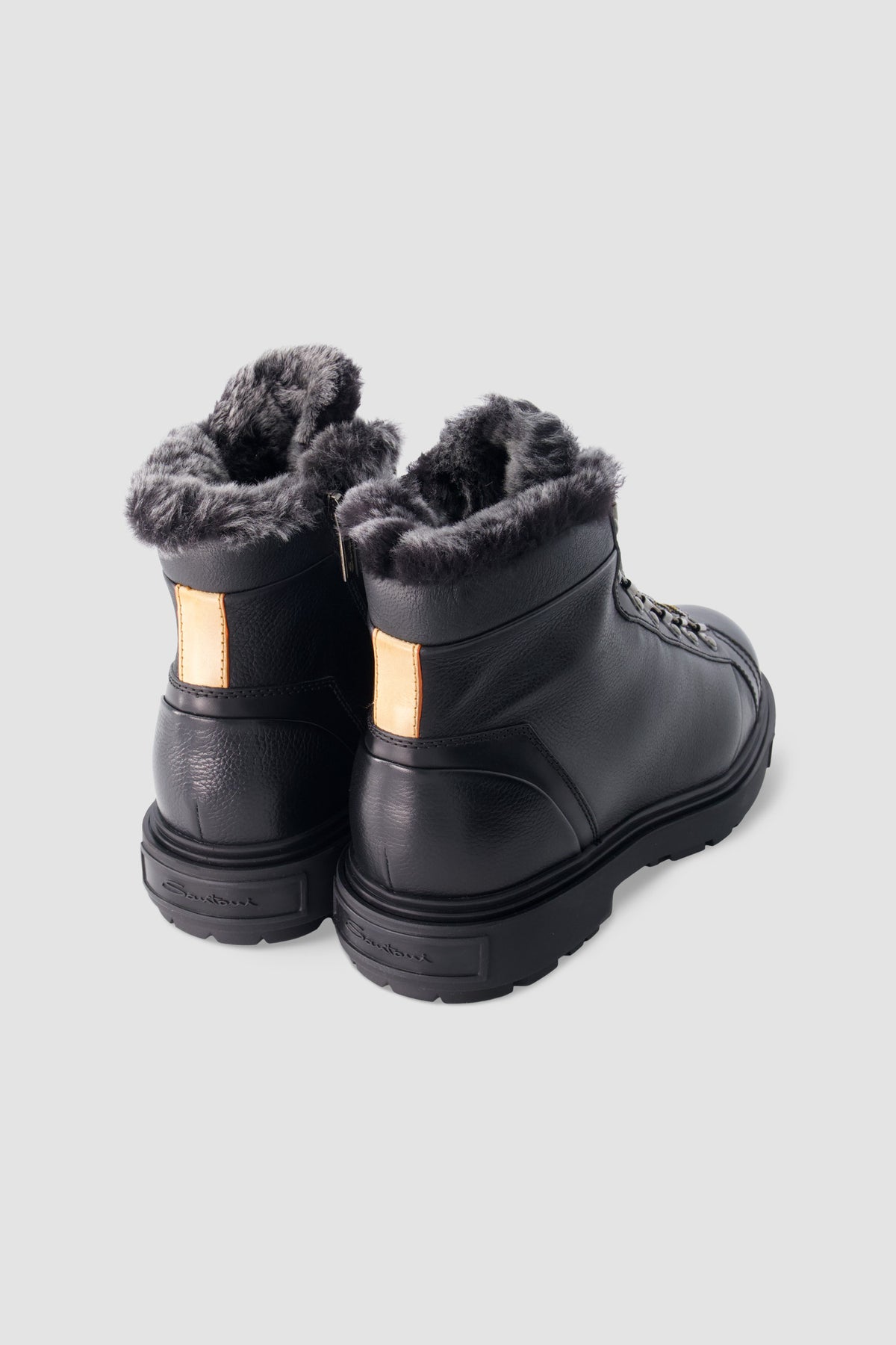 Santoni Black Lace-Up Shearling Boots
