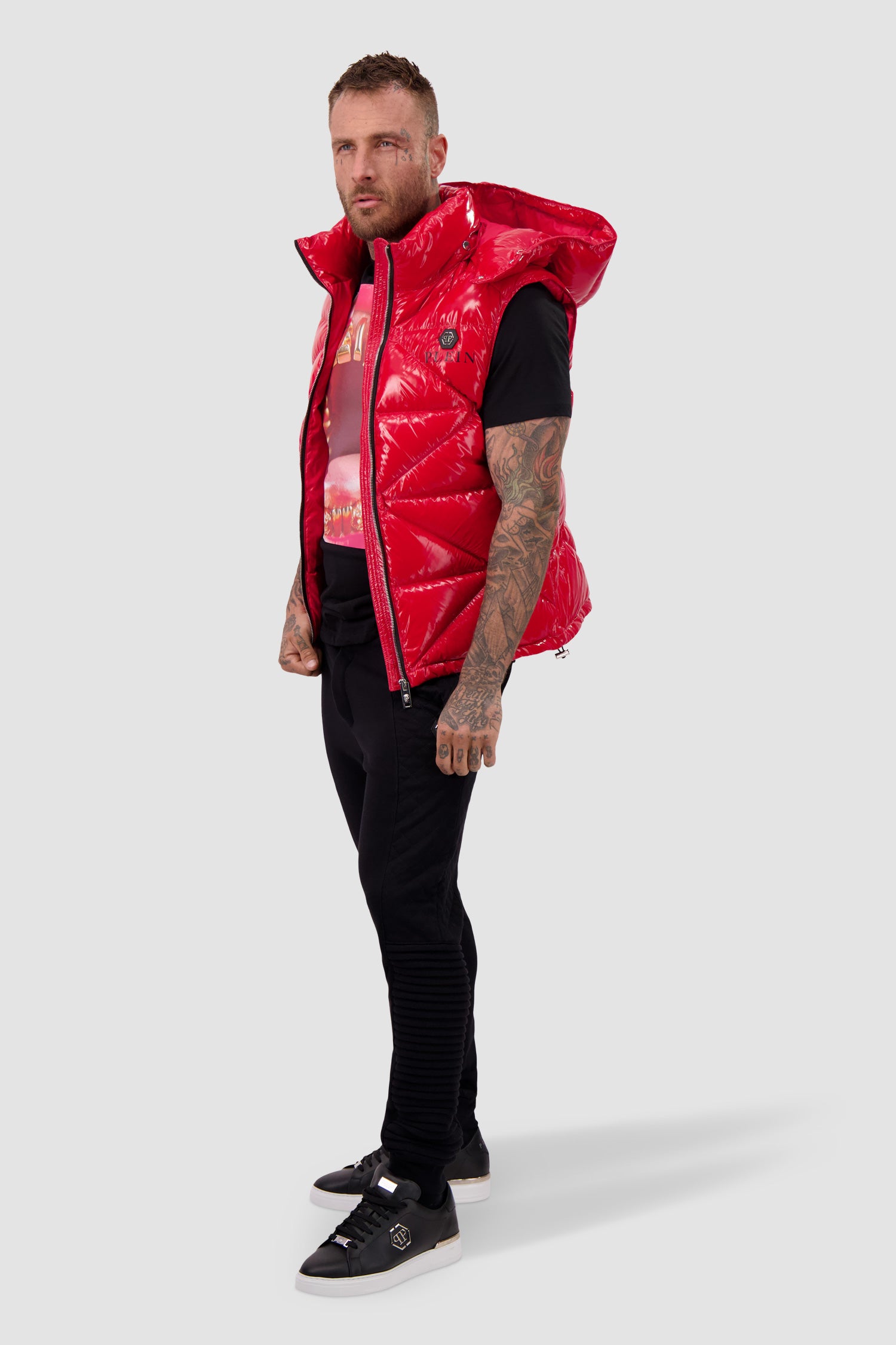 Philipp Plein Red Sleeveless Quilted Down jacket Hexagon