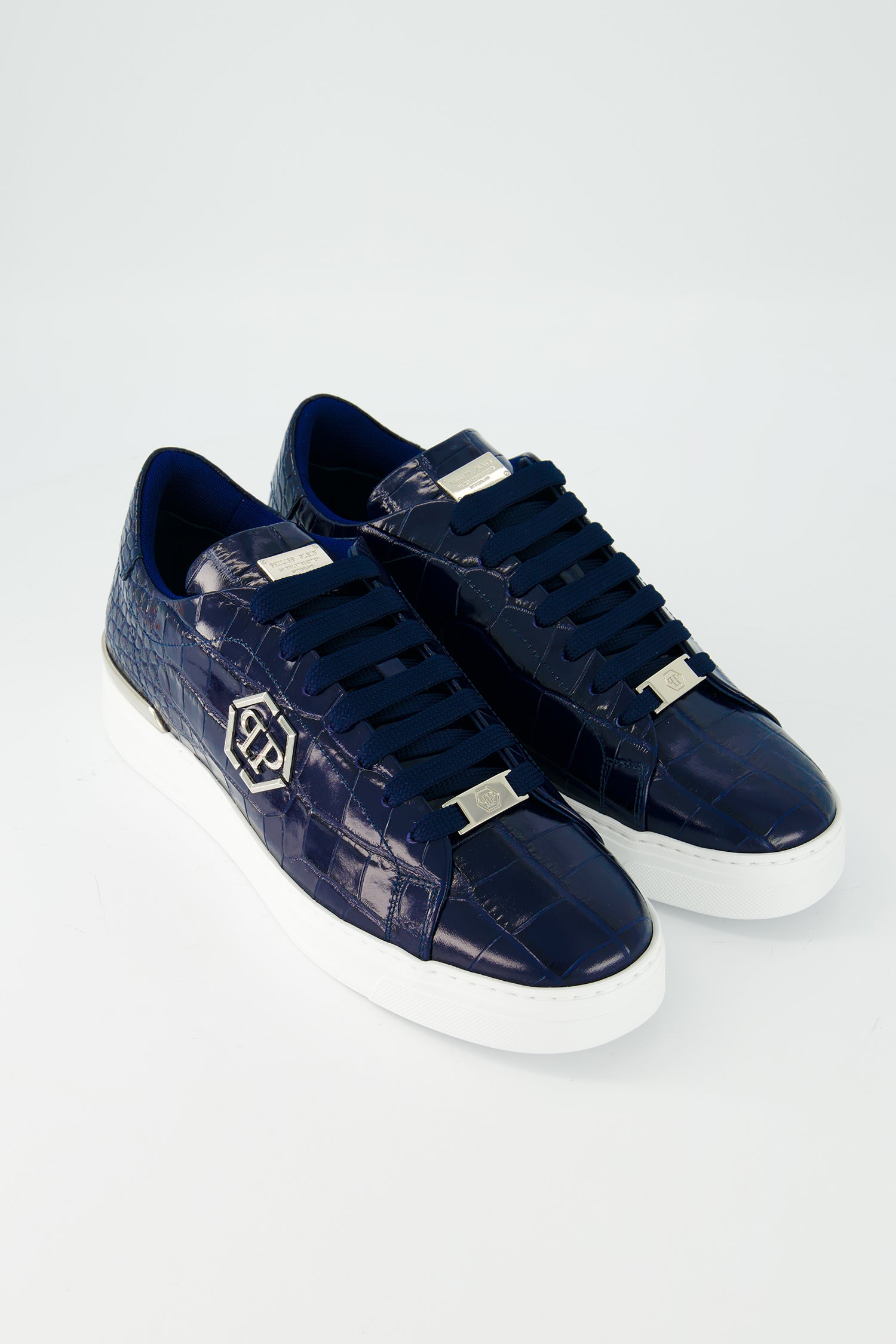 Philipp Plein Dark Blue Crocodile Leather Print Lo-Top Sneakers