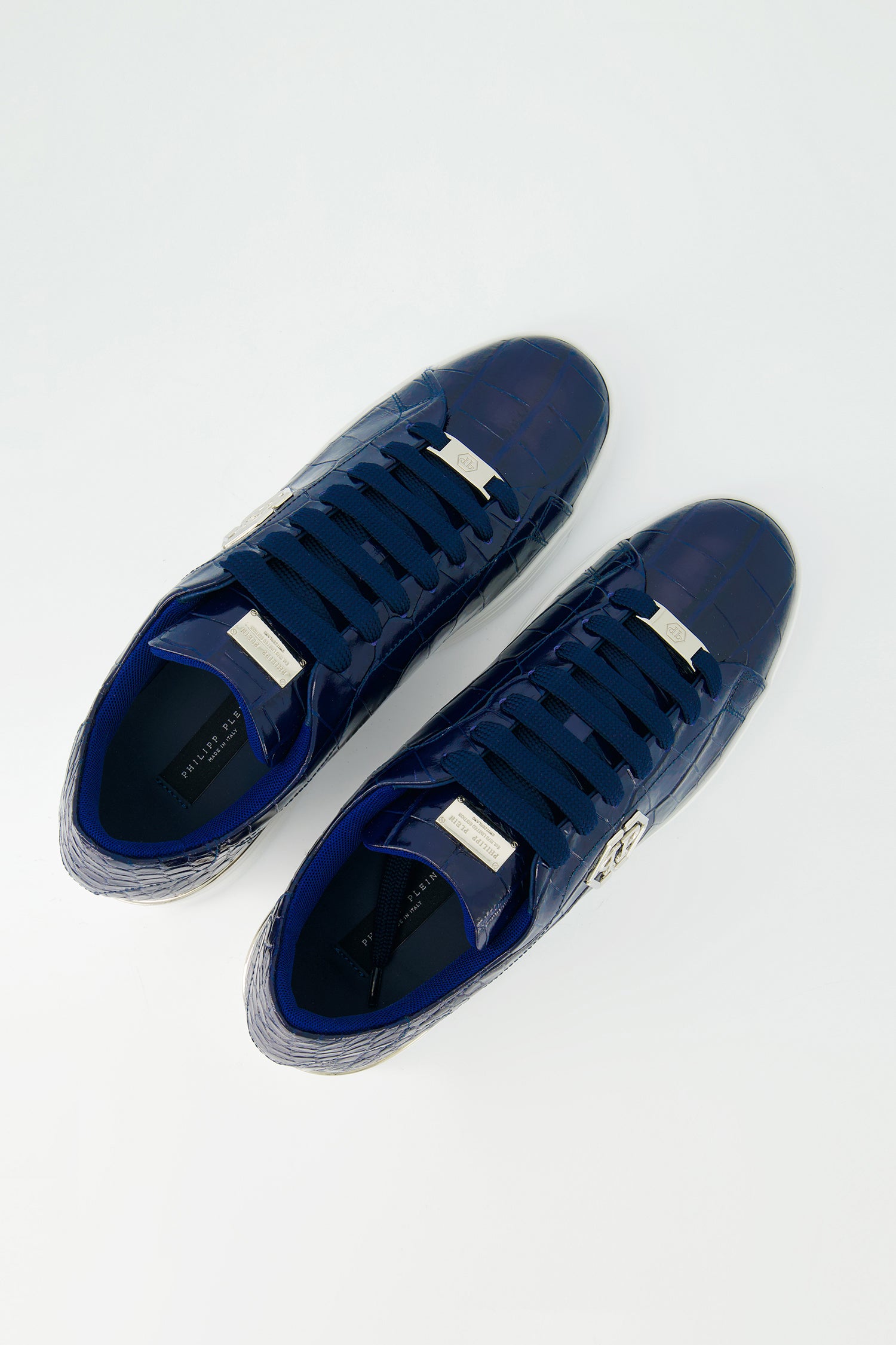 Philipp Plein Dark Blue Crocodile Leather Print Lo-Top Sneakers