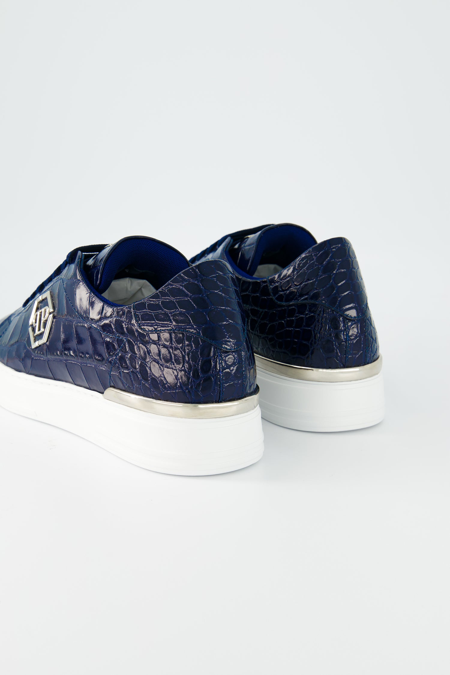 Philipp Plein Dark Blue Crocodile Leather Print Lo-Top Sneakers