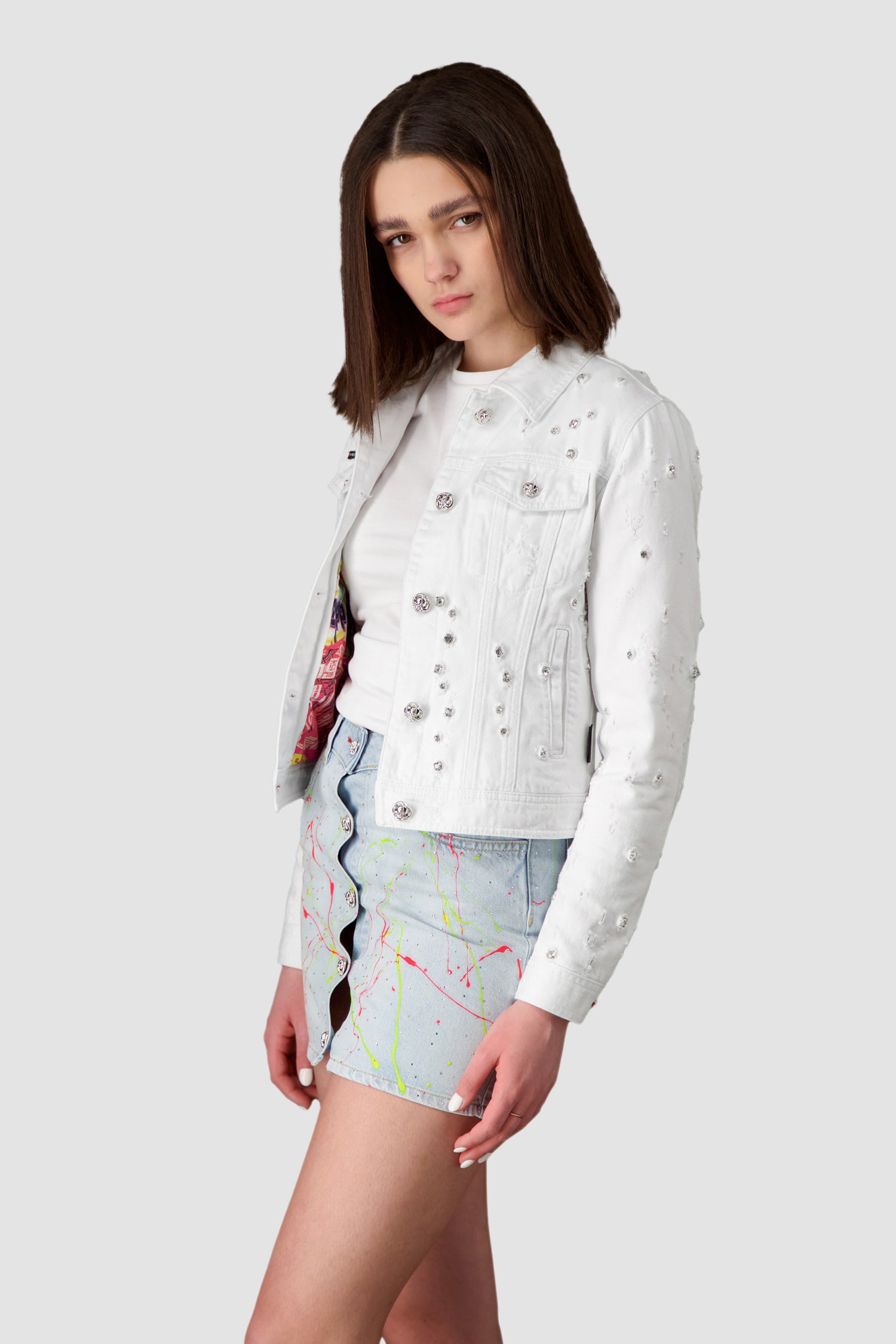 Philipp Plein White Denim Crystal Jacket