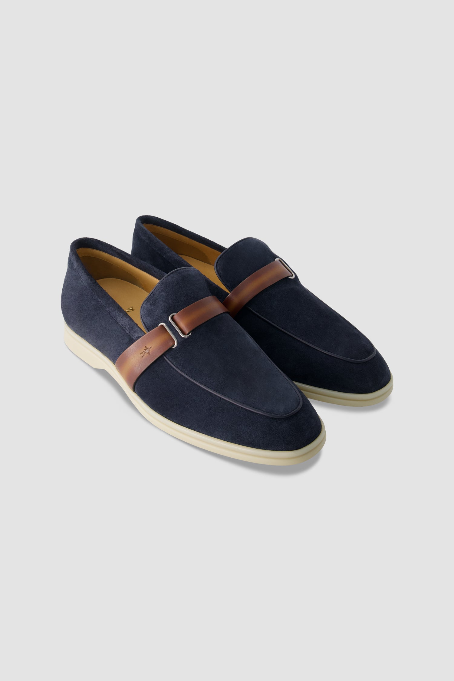Corthay Navy Suede Leather Contrast Strap Loafers