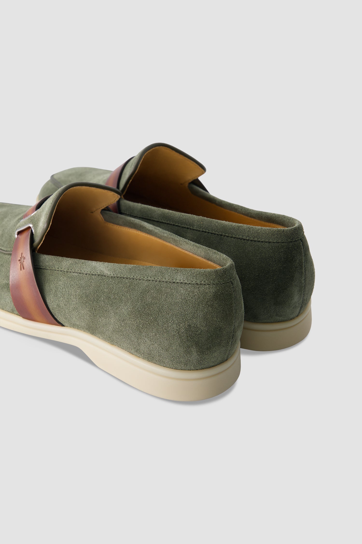 Corthay Green Suede Leather Contrast Strap Loafers