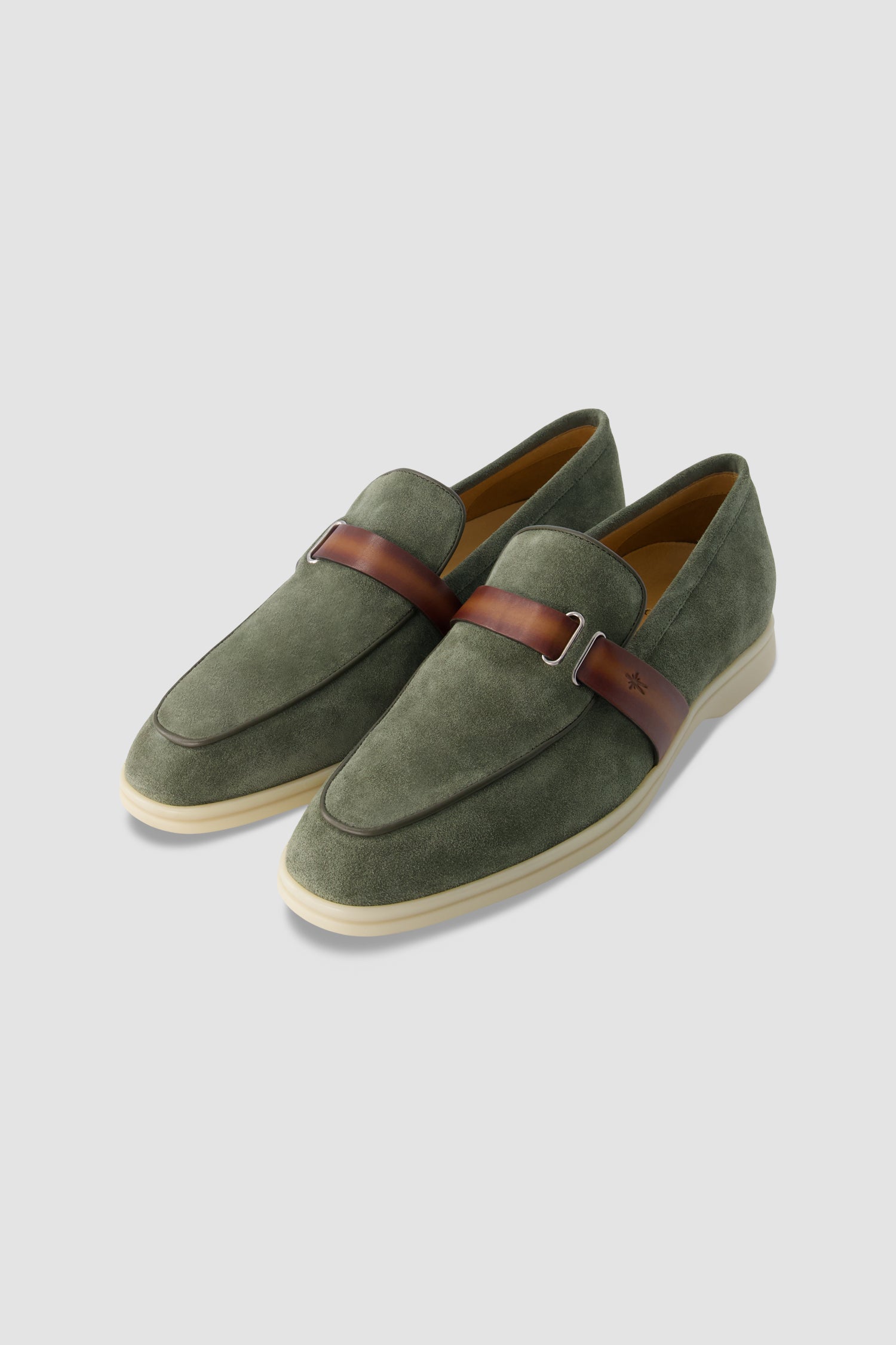 Corthay Green Suede Leather Contrast Strap Loafers